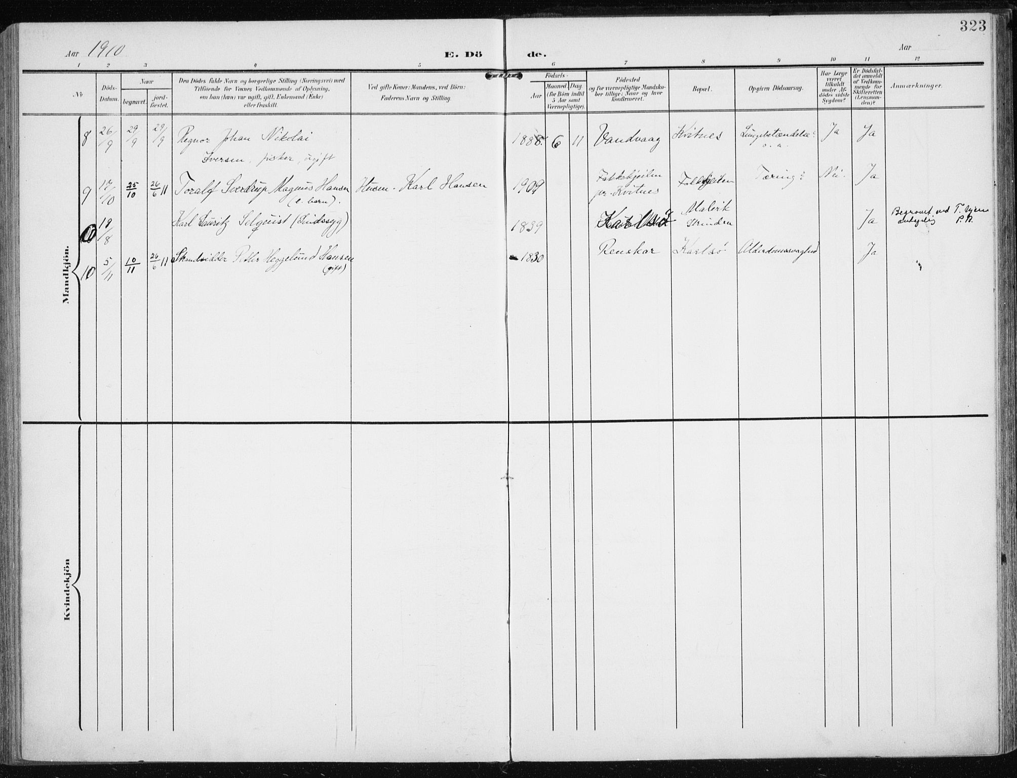 Karlsøy sokneprestembete, SATØ/S-1299/H/Ha/Haa/L0014kirke: Parish register (official) no. 14, 1903-1917, p. 323