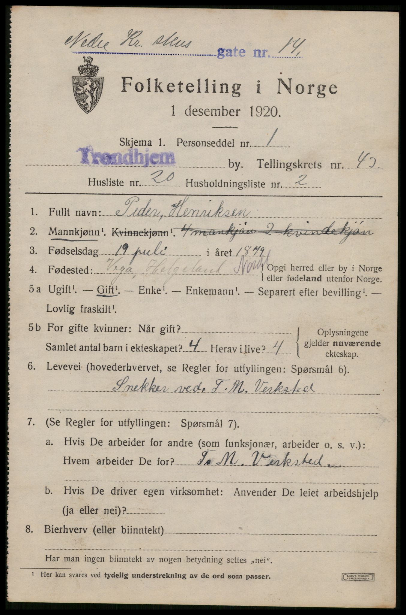 SAT, 1920 census for Trondheim, 1920, p. 94146