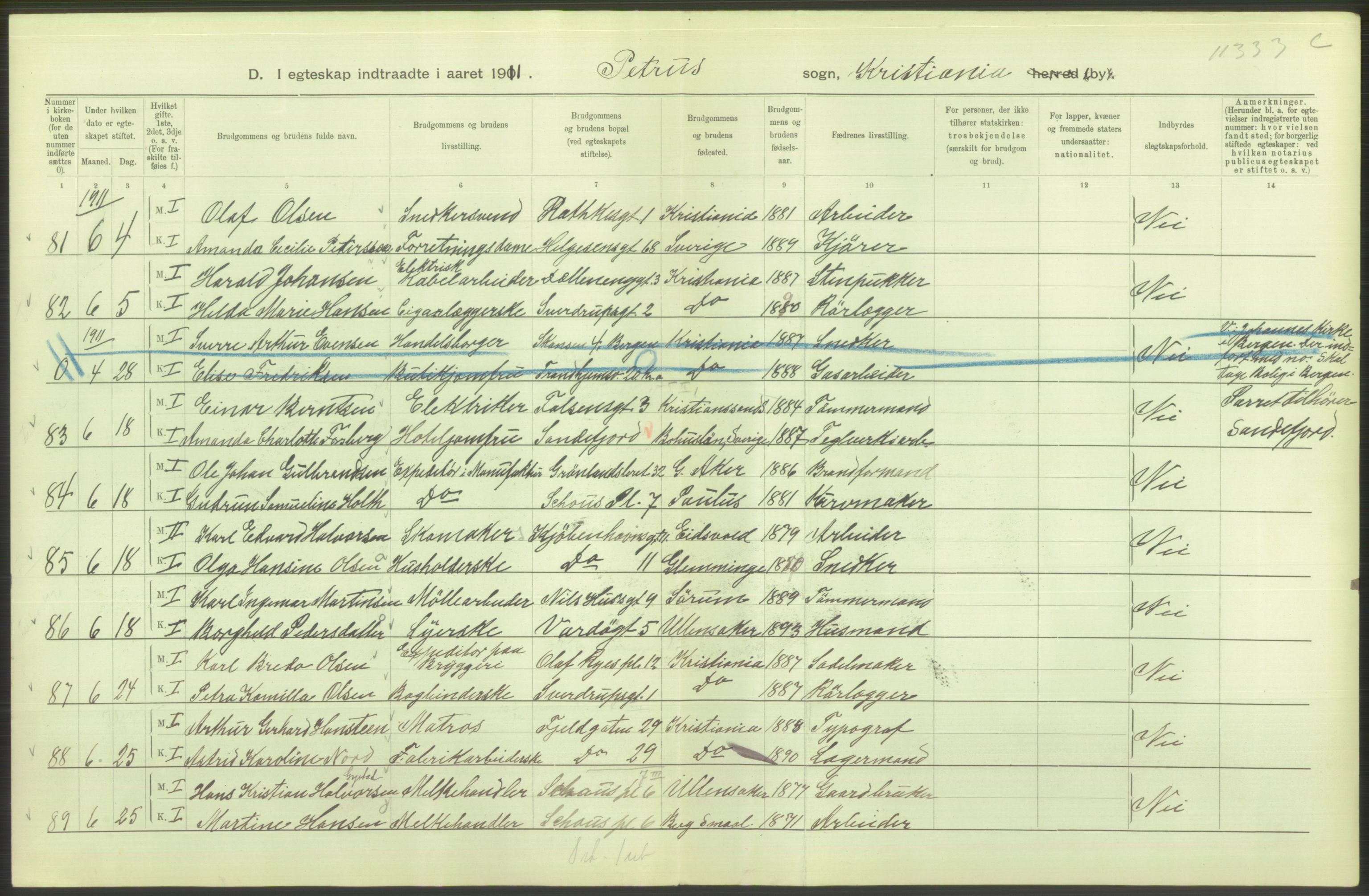 Statistisk sentralbyrå, Sosiodemografiske emner, Befolkning, AV/RA-S-2228/D/Df/Dfb/Dfba/L0008: Kristiania: Gifte, 1911, p. 20
