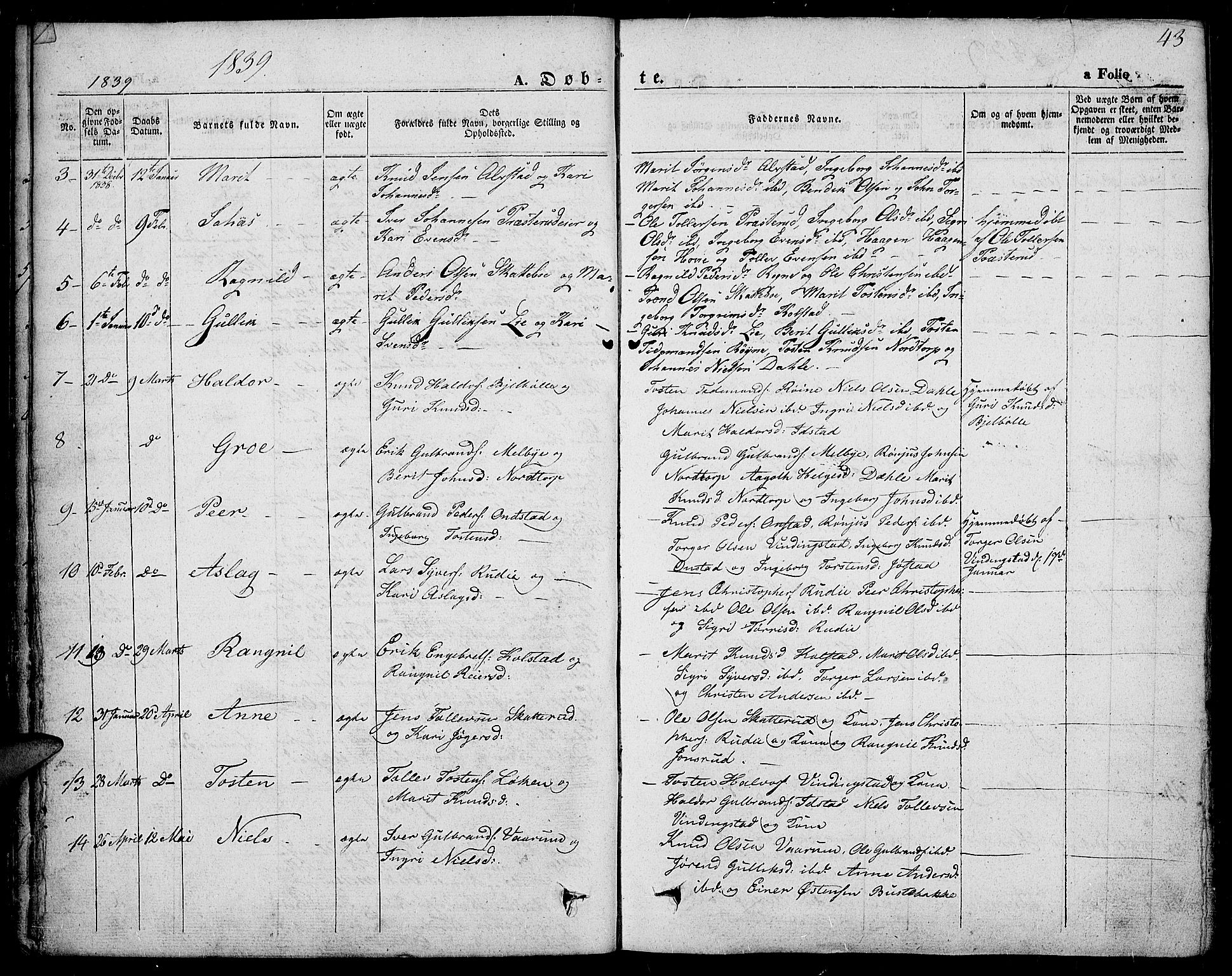 Slidre prestekontor, SAH/PREST-134/H/Ha/Haa/L0004: Parish register (official) no. 4, 1831-1848, p. 43