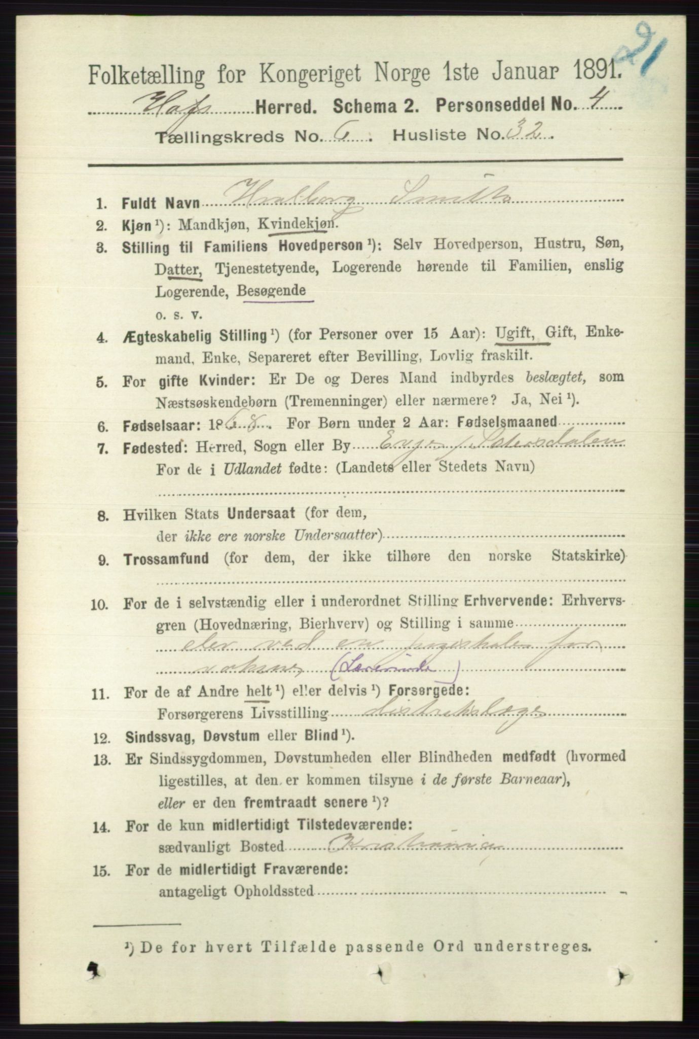 RA, 1891 census for 0714 Hof, 1891, p. 1990