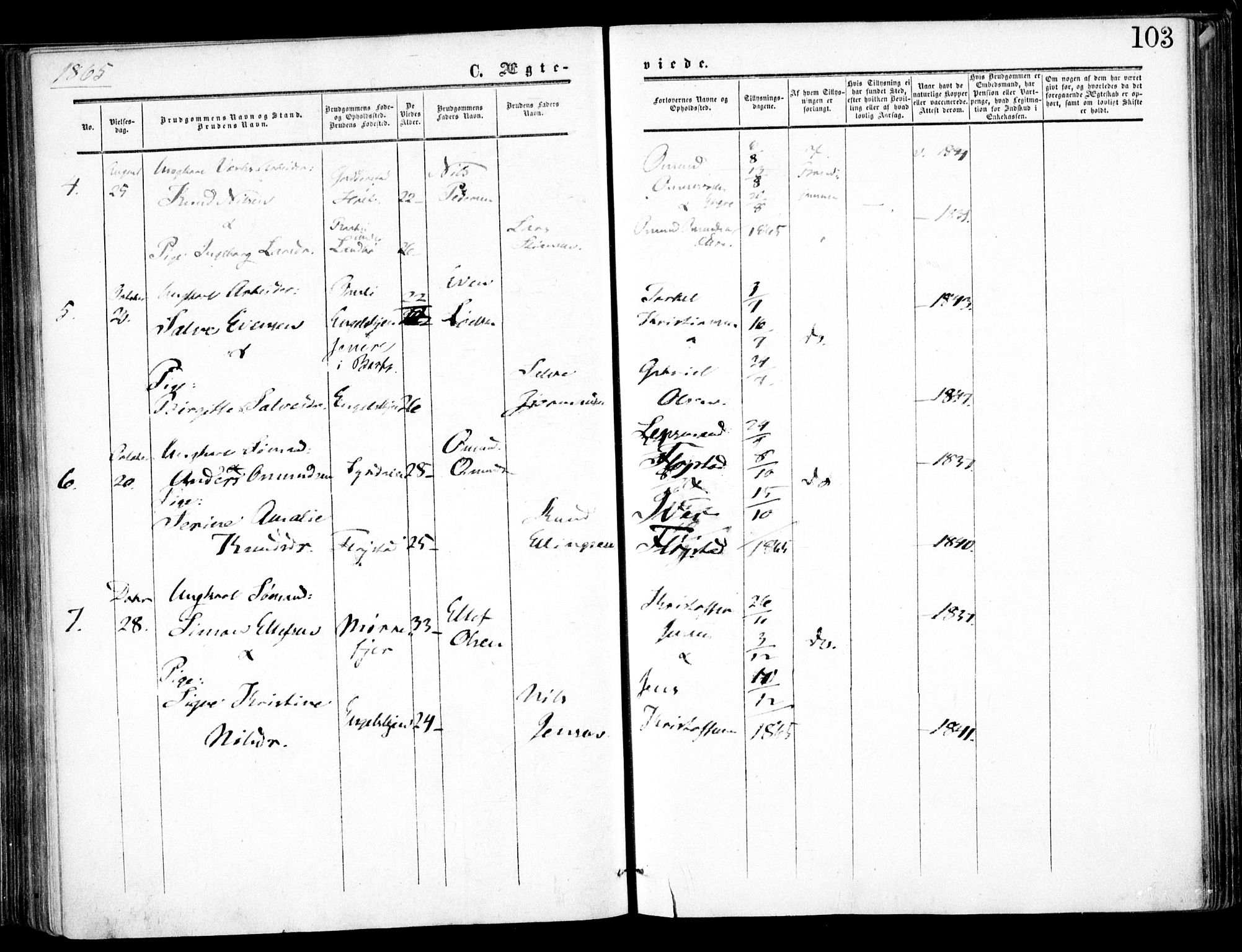 Austre Moland sokneprestkontor, AV/SAK-1111-0001/F/Fa/Faa/L0008: Parish register (official) no. A 8, 1858-1868, p. 103