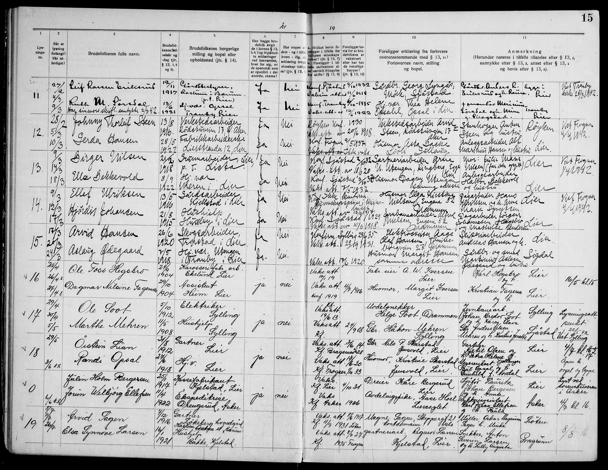 Lier kirkebøker, AV/SAKO-A-230/H/Ha/L0003: Banns register no. 3, 1940-1955, p. 15