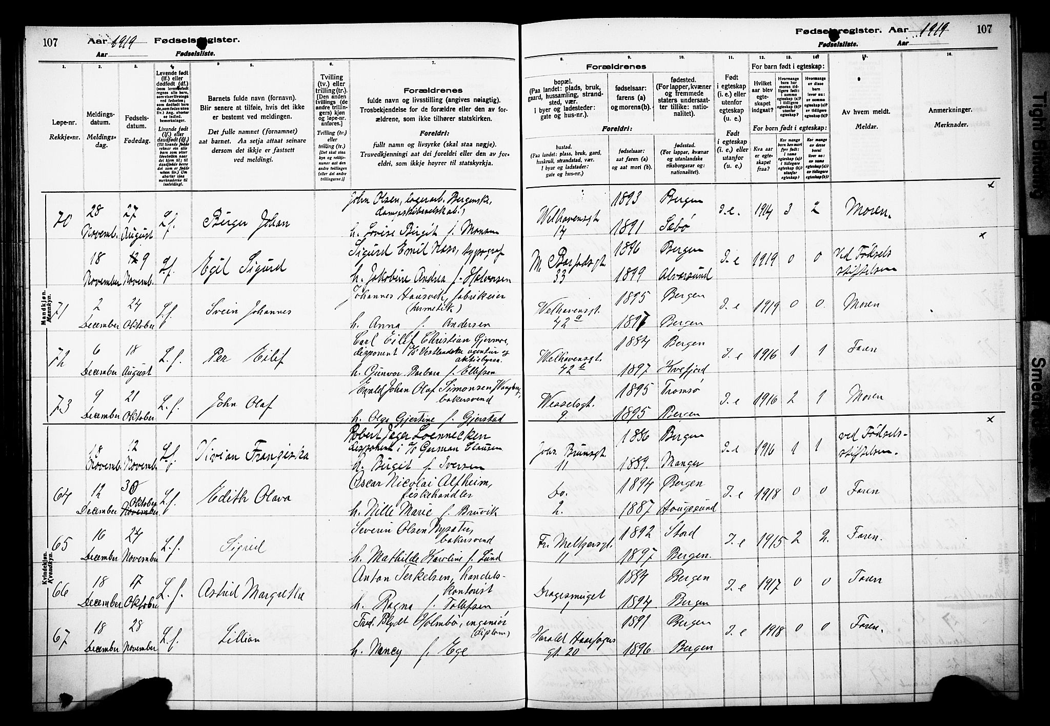 Johanneskirken sokneprestembete, AV/SAB-A-76001/I/Id/L00A1: Birth register no. A 1, 1916-1924, p. 107