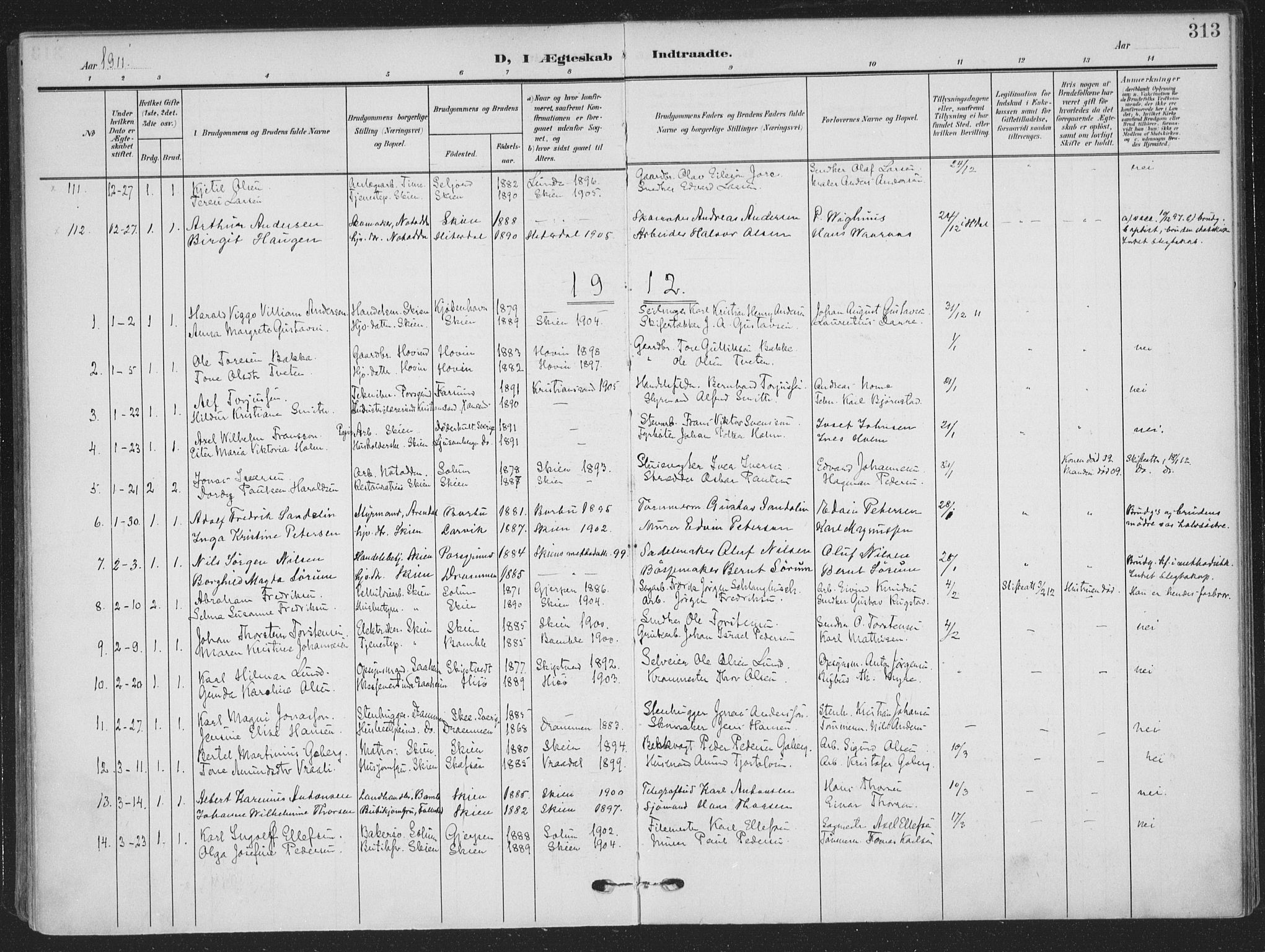 Skien kirkebøker, SAKO/A-302/F/Fa/L0012: Parish register (official) no. 12, 1908-1914, p. 313