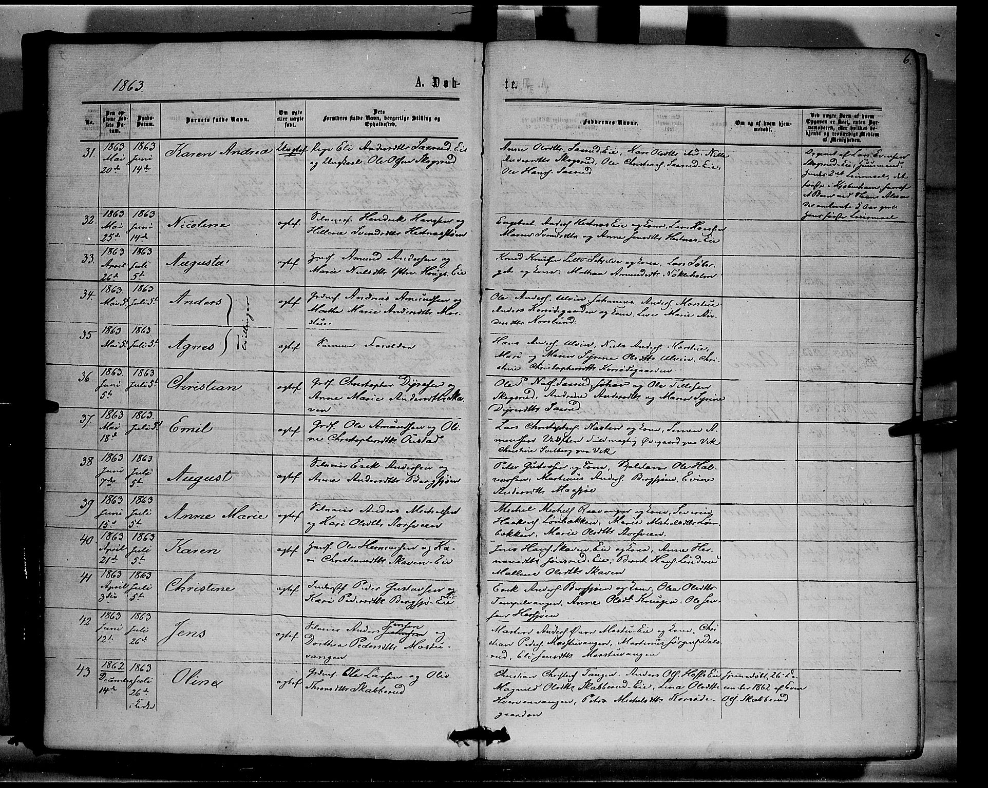 Stange prestekontor, SAH/PREST-002/K/L0014: Parish register (official) no. 14, 1862-1879, p. 6