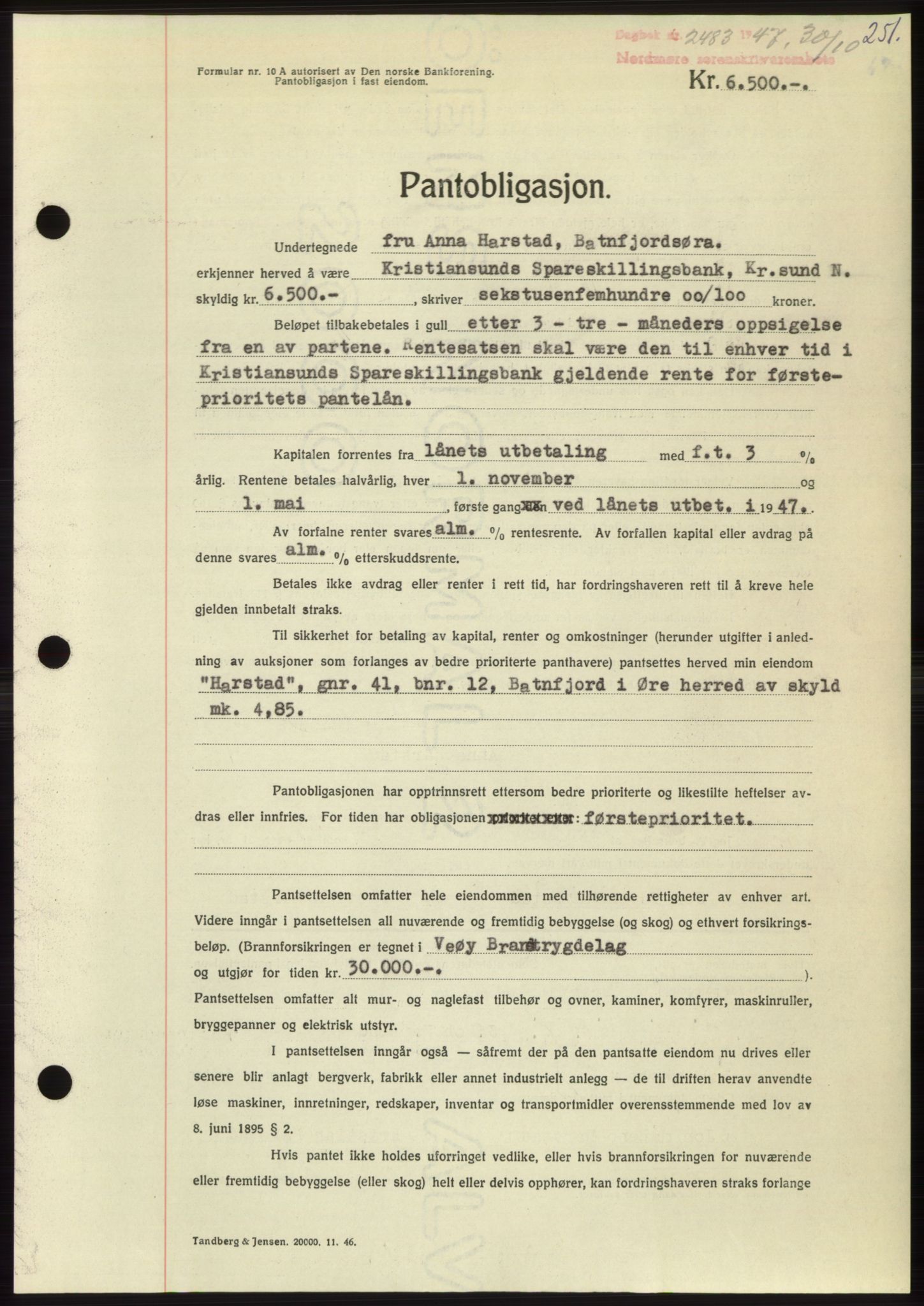 Nordmøre sorenskriveri, AV/SAT-A-4132/1/2/2Ca: Mortgage book no. B97, 1947-1948, Diary no: : 2483/1947