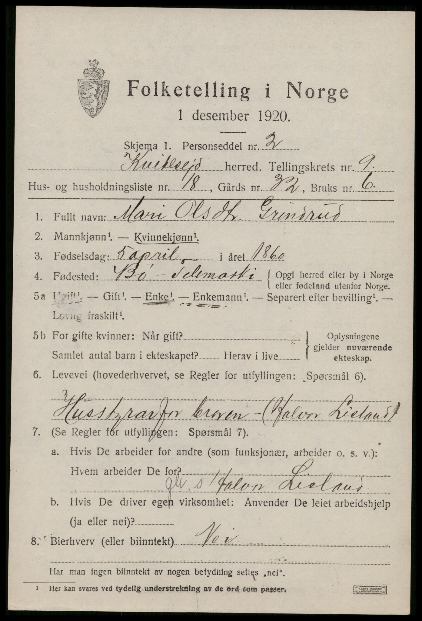 SAKO, 1920 census for Kviteseid, 1920, p. 4369