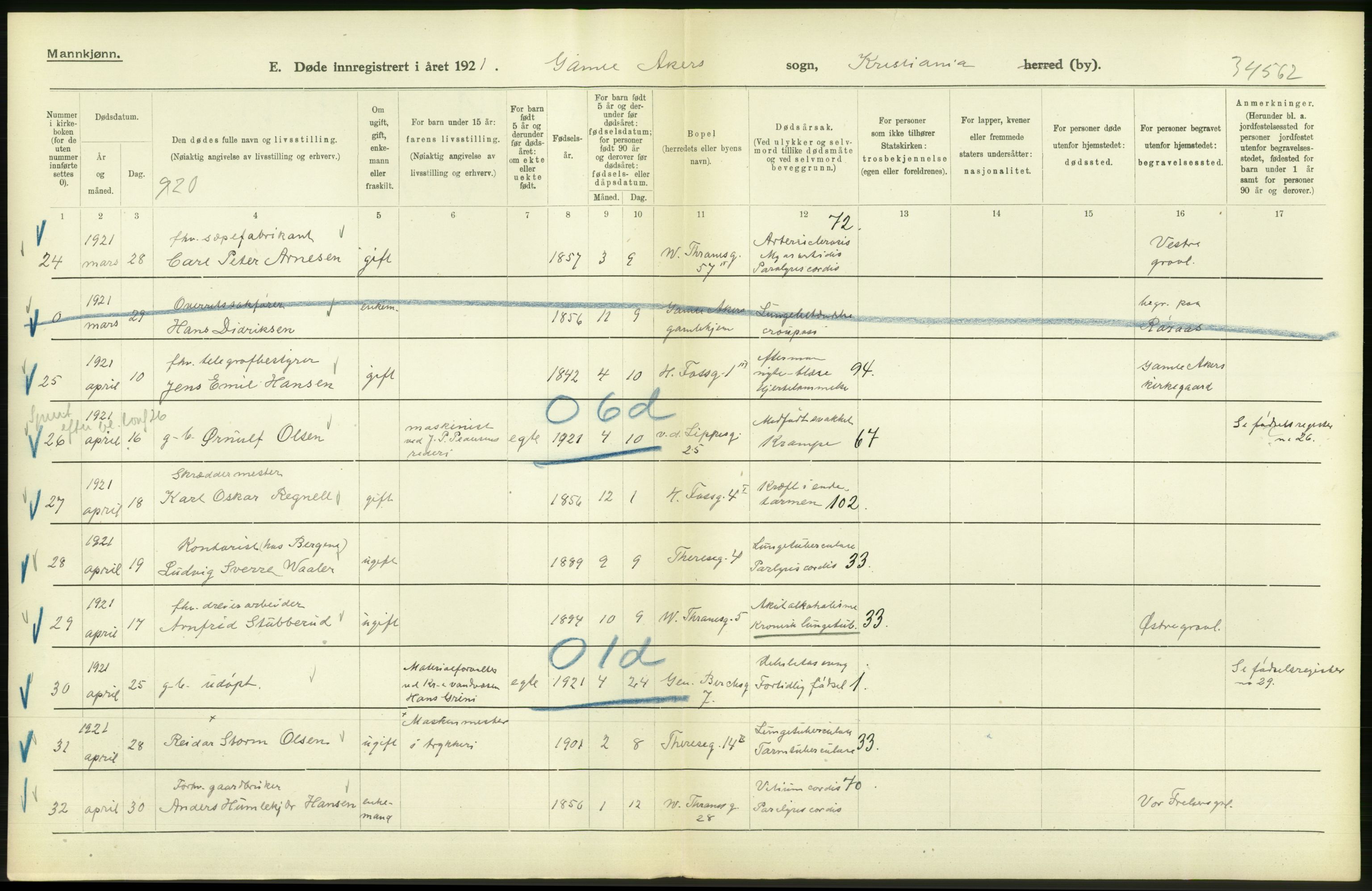 Statistisk sentralbyrå, Sosiodemografiske emner, Befolkning, AV/RA-S-2228/D/Df/Dfc/Dfca/L0012: Kristiania: Døde, 1921, p. 10