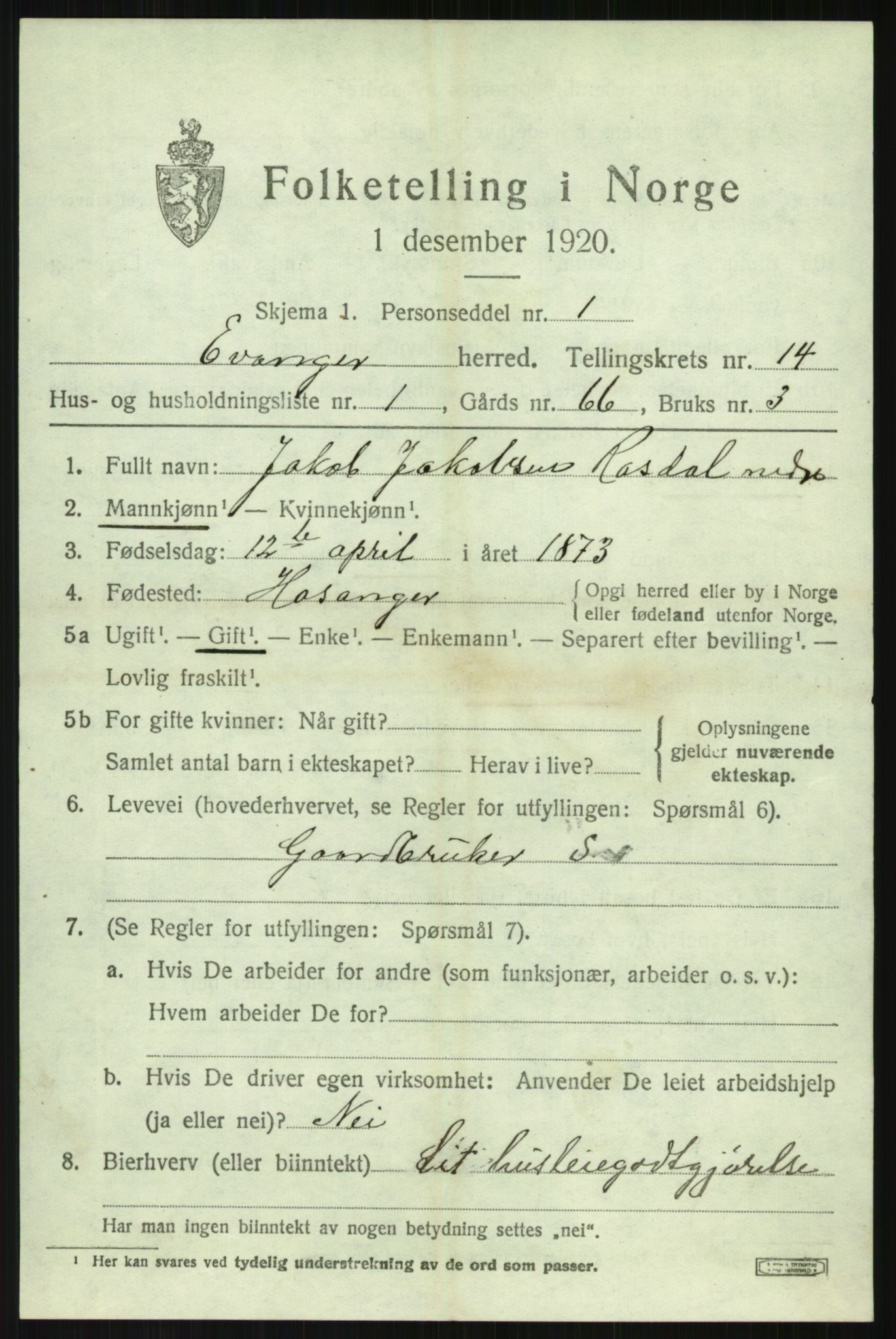 SAB, 1920 census for Evanger, 1920, p. 3969