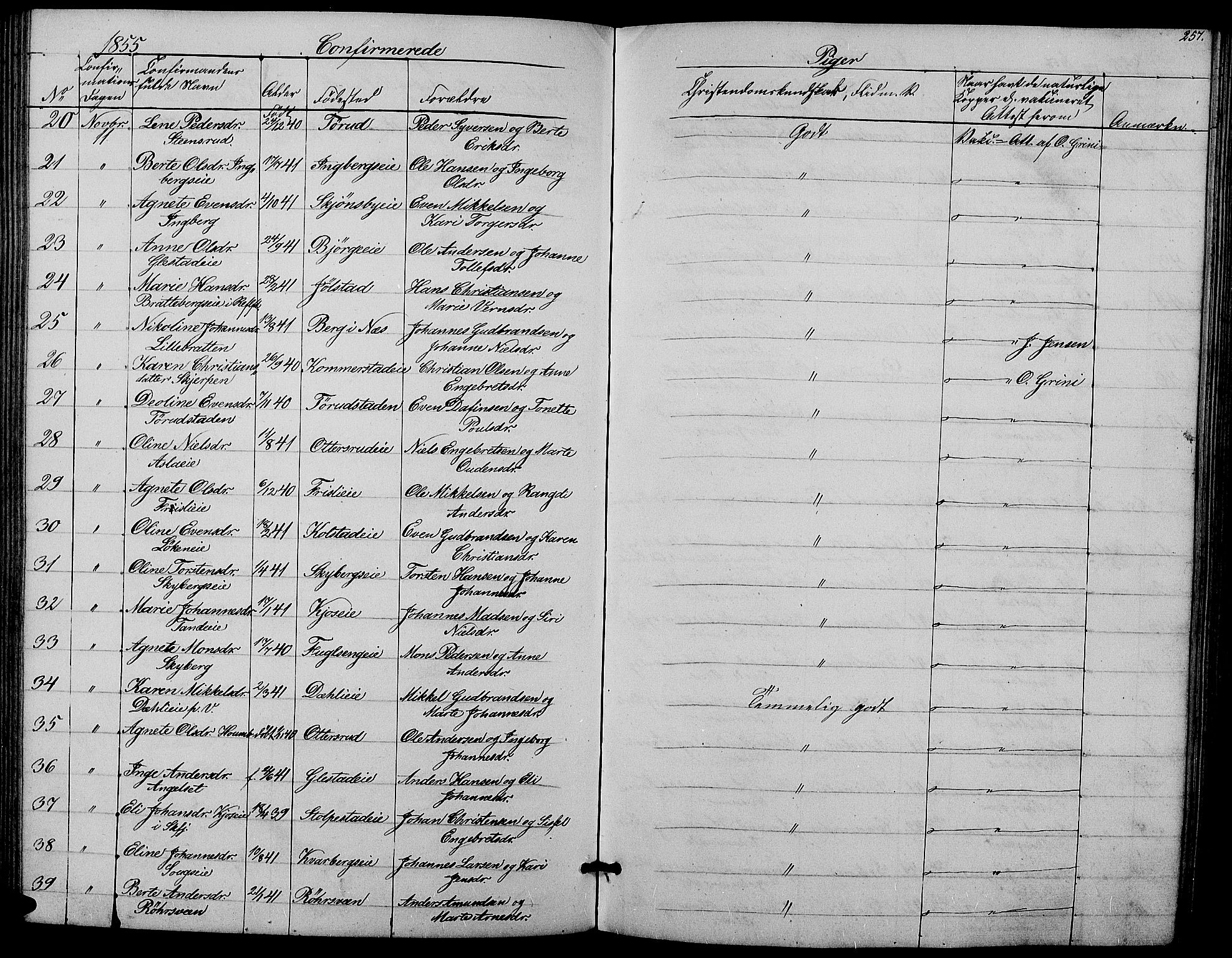 Ringsaker prestekontor, SAH/PREST-014/L/La/L0006: Parish register (copy) no. 6, 1851-1860, p. 257