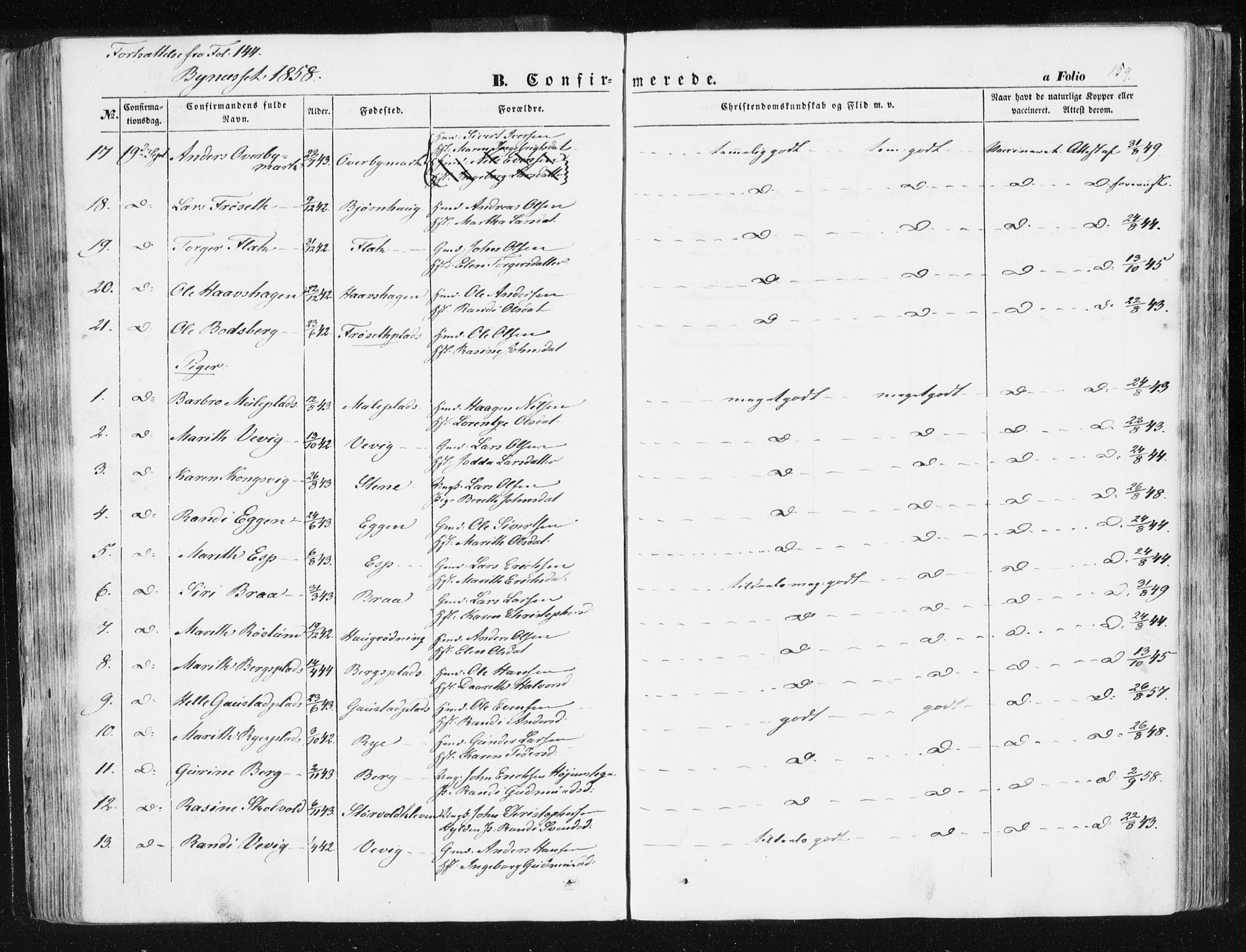 Ministerialprotokoller, klokkerbøker og fødselsregistre - Sør-Trøndelag, AV/SAT-A-1456/612/L0376: Parish register (official) no. 612A08, 1846-1859, p. 159