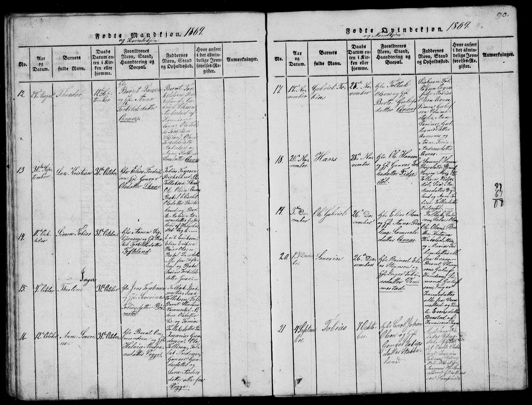 Lyngdal sokneprestkontor, AV/SAK-1111-0029/F/Fb/Fbb/L0001: Parish register (copy) no. B 1, 1816-1900, p. 90