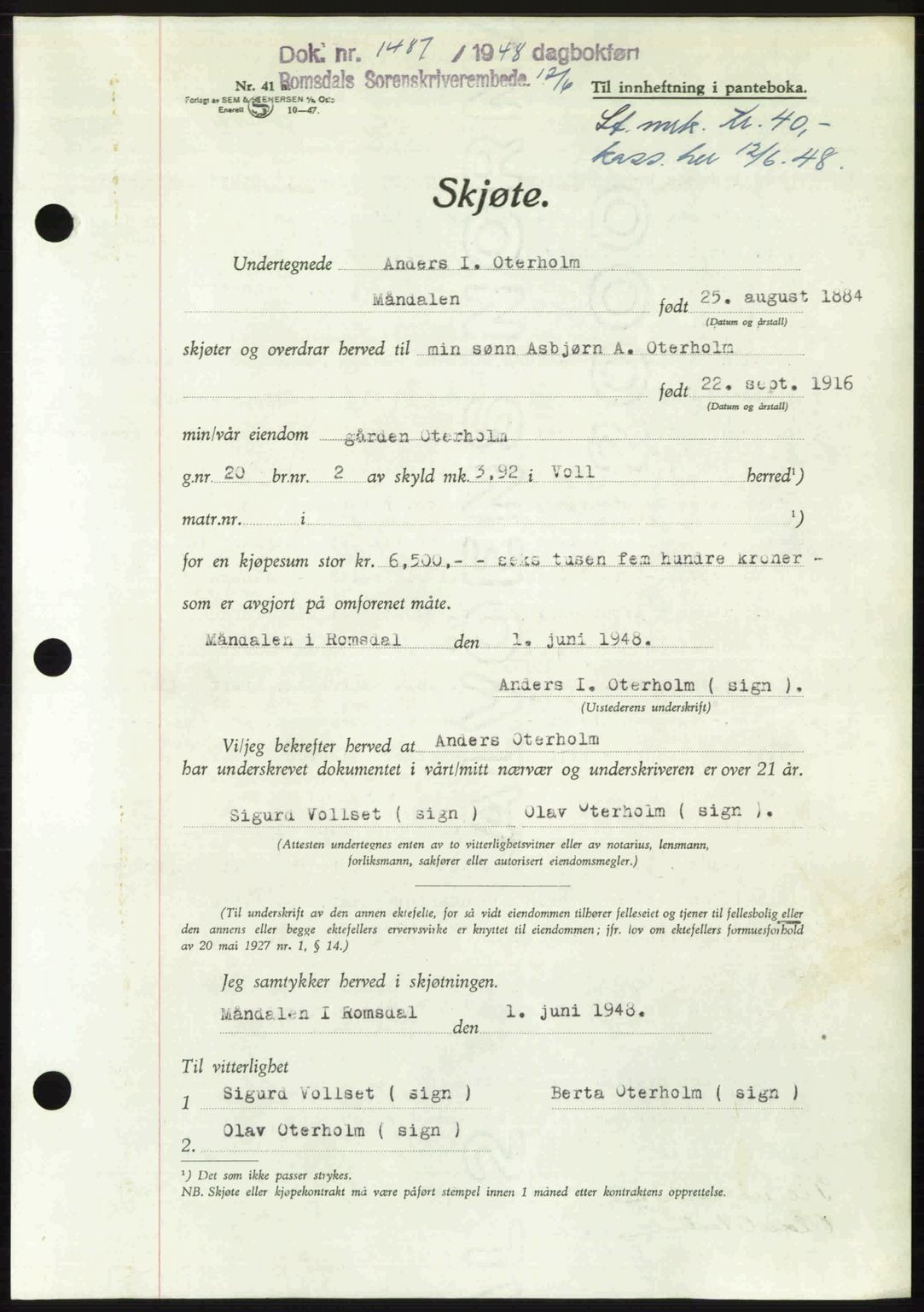 Romsdal sorenskriveri, AV/SAT-A-4149/1/2/2C: Mortgage book no. A26, 1948-1948, Diary no: : 1487/1948