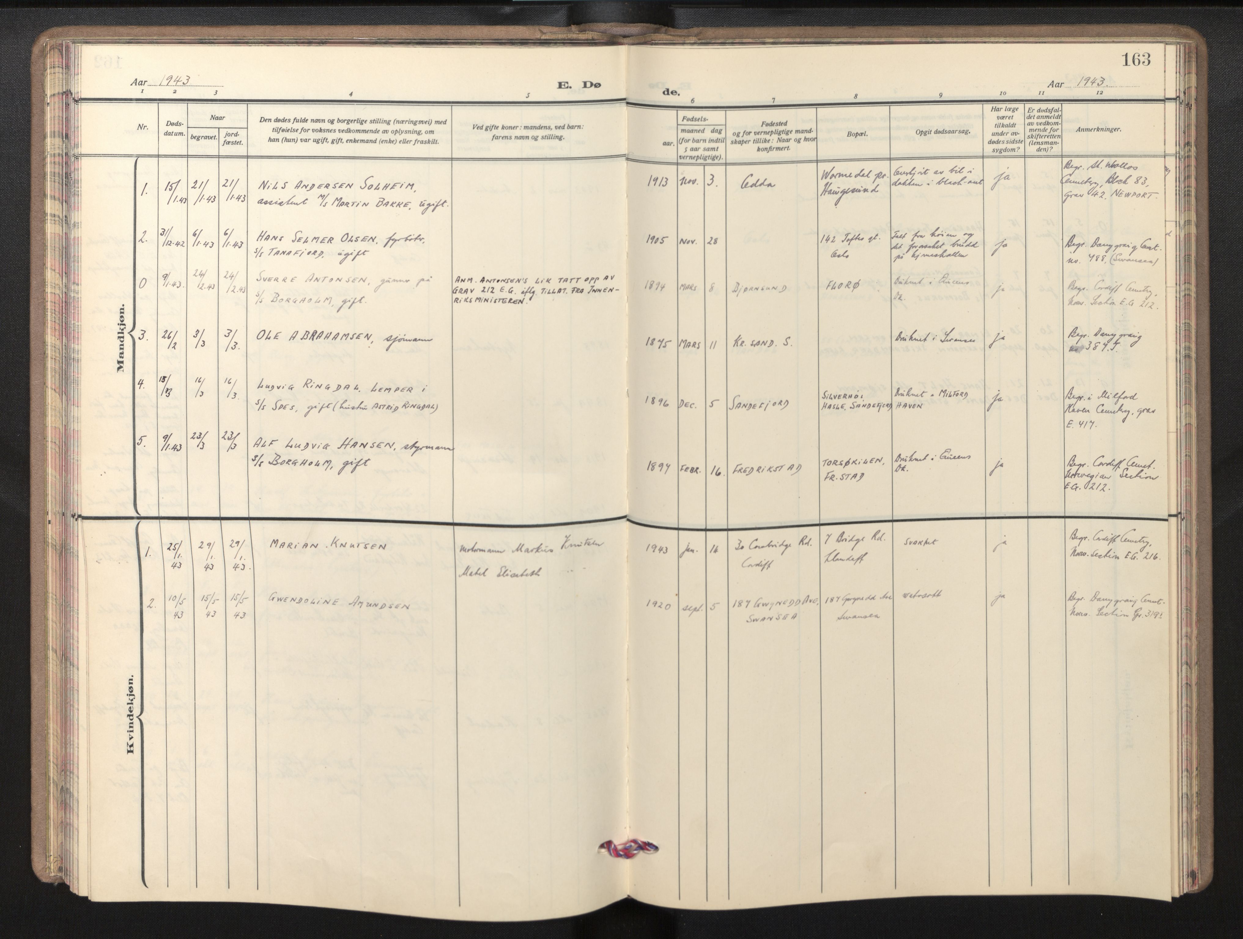 Den norske sjømannsmisjon i utlandet/Bristolhavnene(Cardiff-Swansea), SAB/SAB/PA-0102/H/Ha/Haa/L0003: Parish register (official) no. A 3, 1932-1966, p. 162b-163a