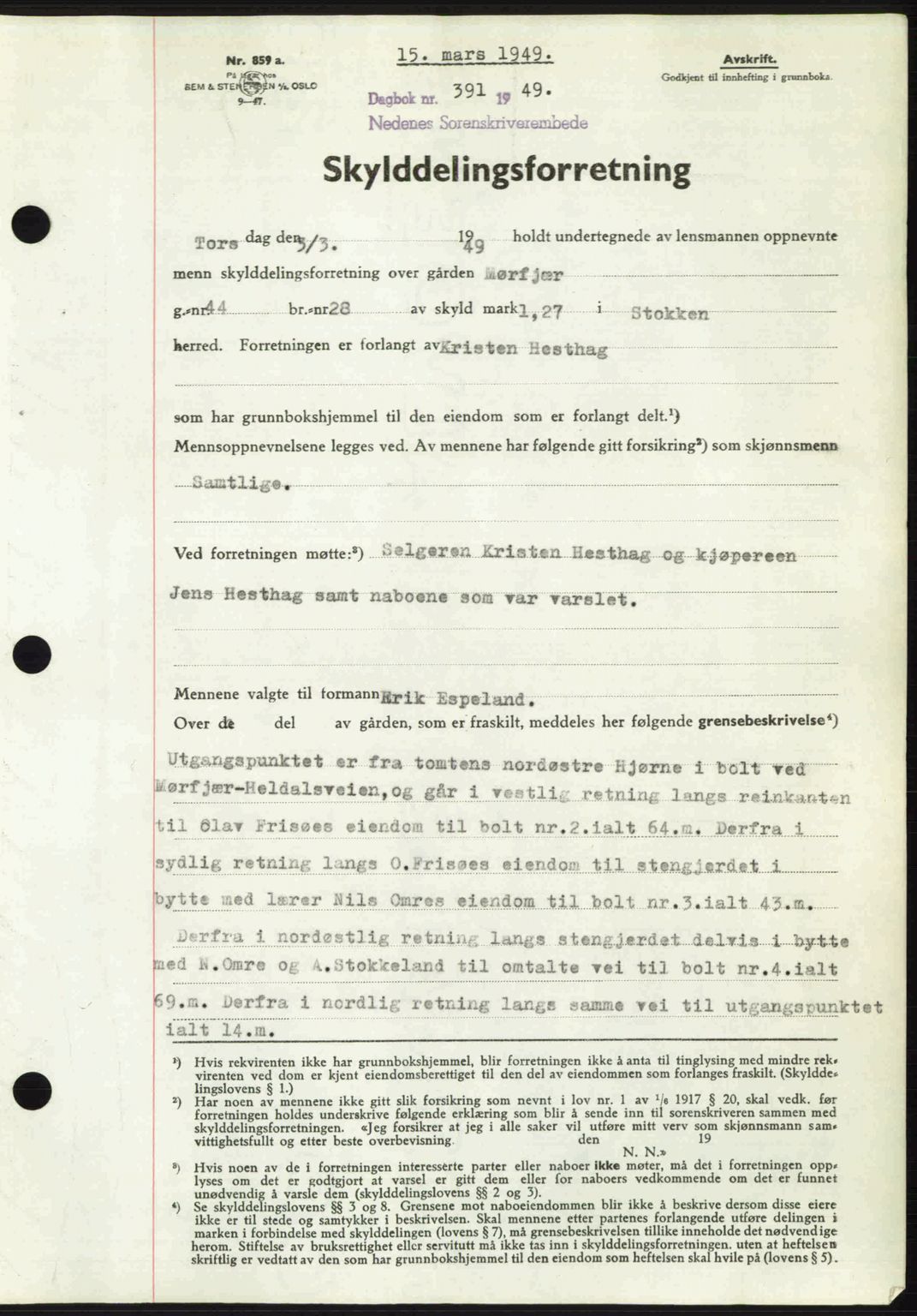 Nedenes sorenskriveri, AV/SAK-1221-0006/G/Gb/Gba/L0060: Mortgage book no. A12, 1948-1949, Diary no: : 391/1949