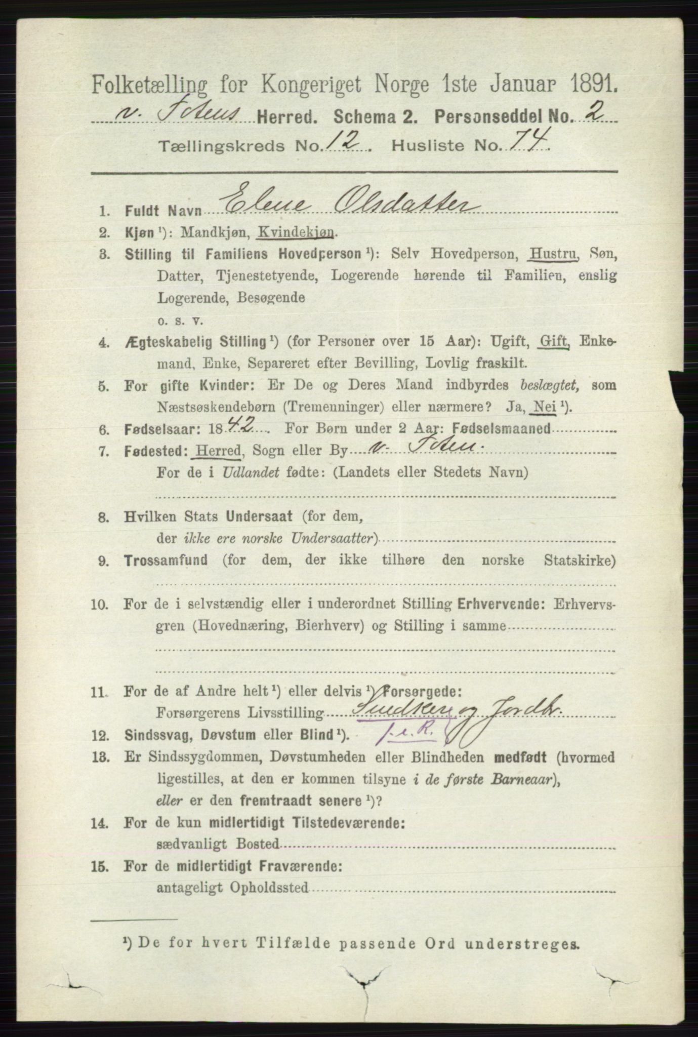 RA, 1891 census for 0529 Vestre Toten, 1891, p. 7694