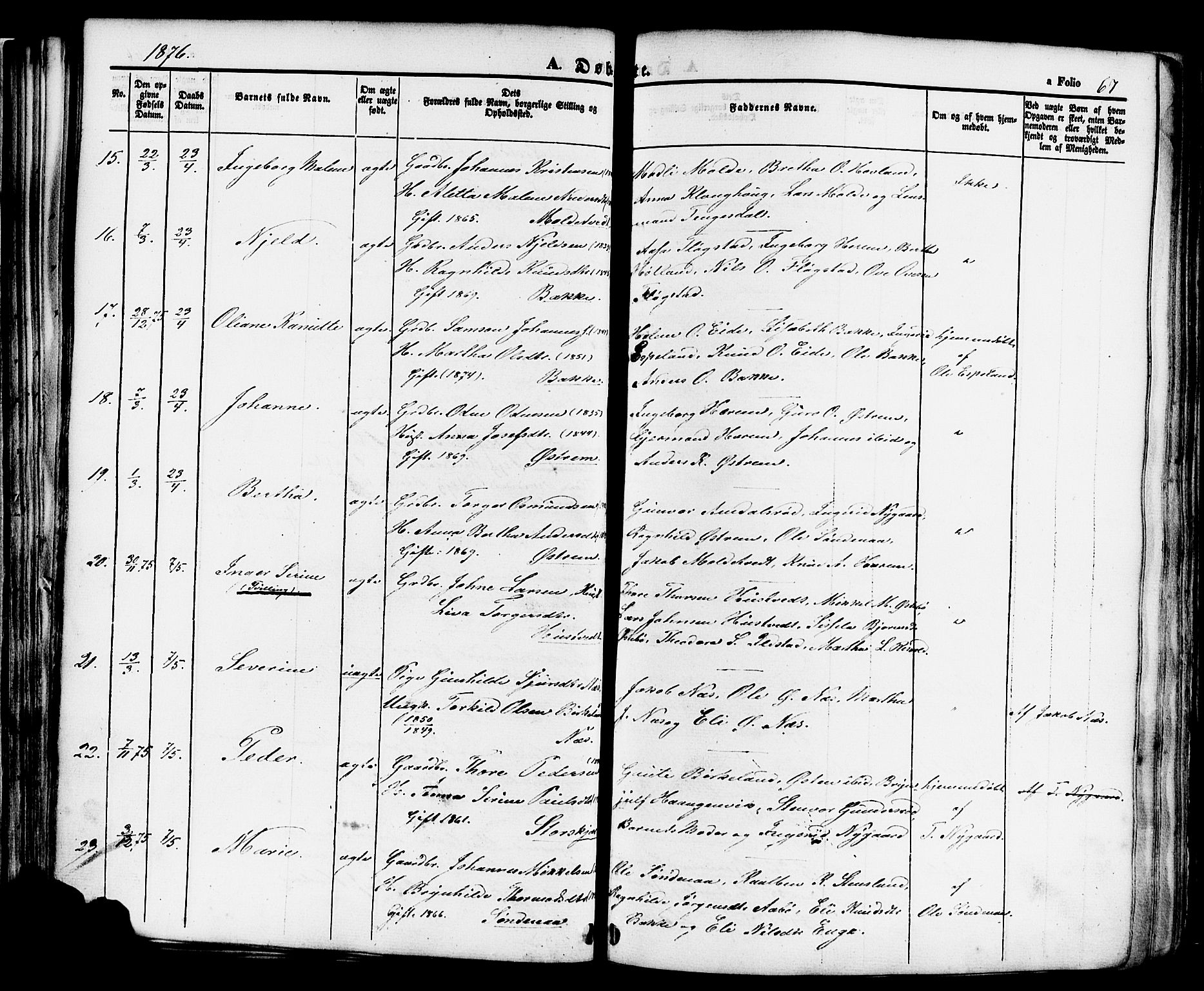 Sand sokneprestkontor, AV/SAST-A-101848/01/III/L0004: Parish register (official) no. A 4, 1859-1880, p. 67