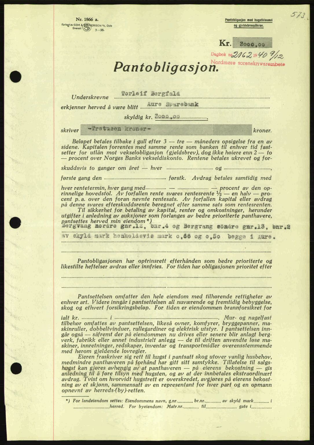 Nordmøre sorenskriveri, AV/SAT-A-4132/1/2/2Ca: Mortgage book no. B87, 1940-1941, Diary no: : 2162/1940