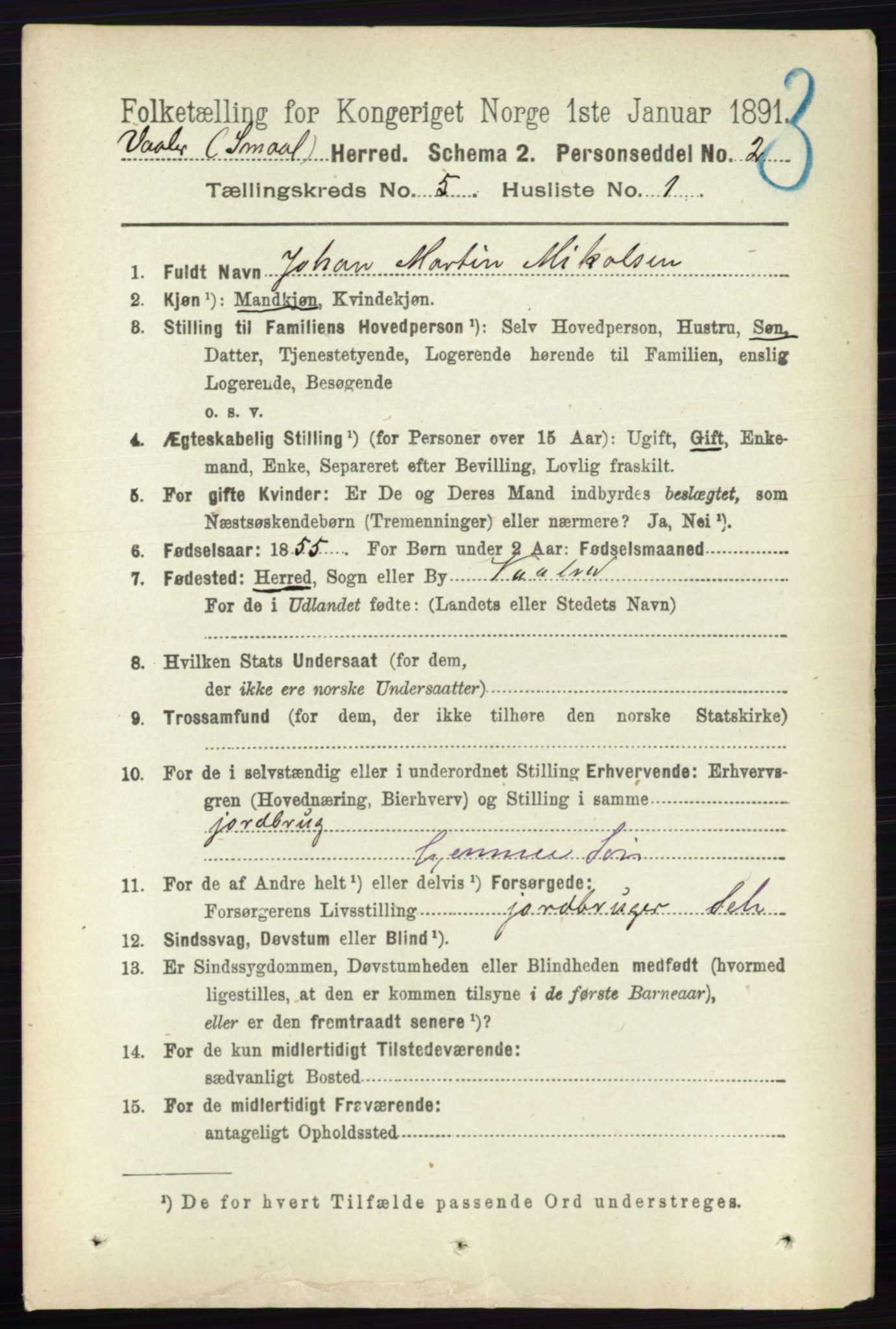 RA, 1891 census for 0137 Våler, 1891, p. 1979