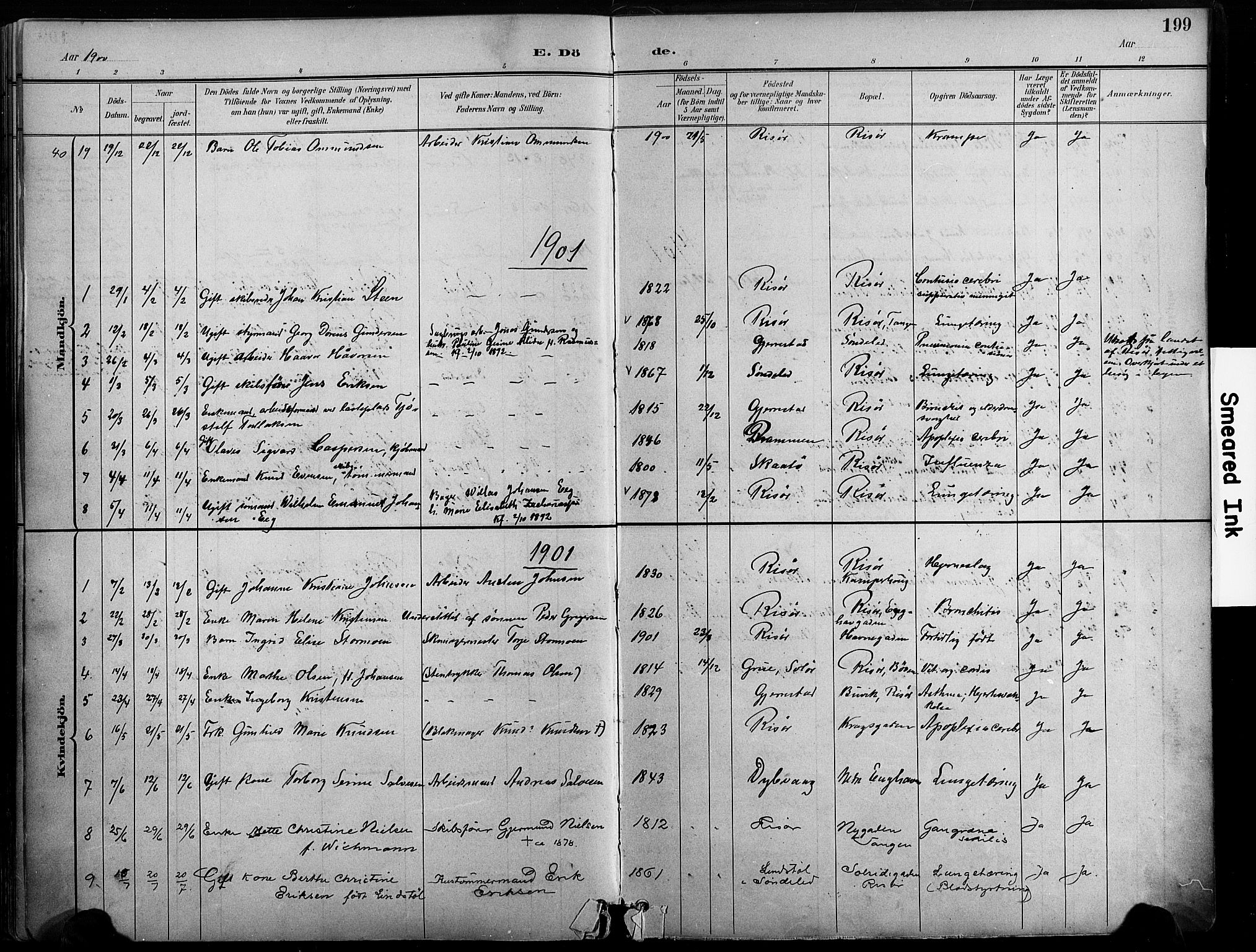 Risør sokneprestkontor, AV/SAK-1111-0035/F/Fa/L0010: Parish register (official) no. A 10, 1896-1906, p. 199