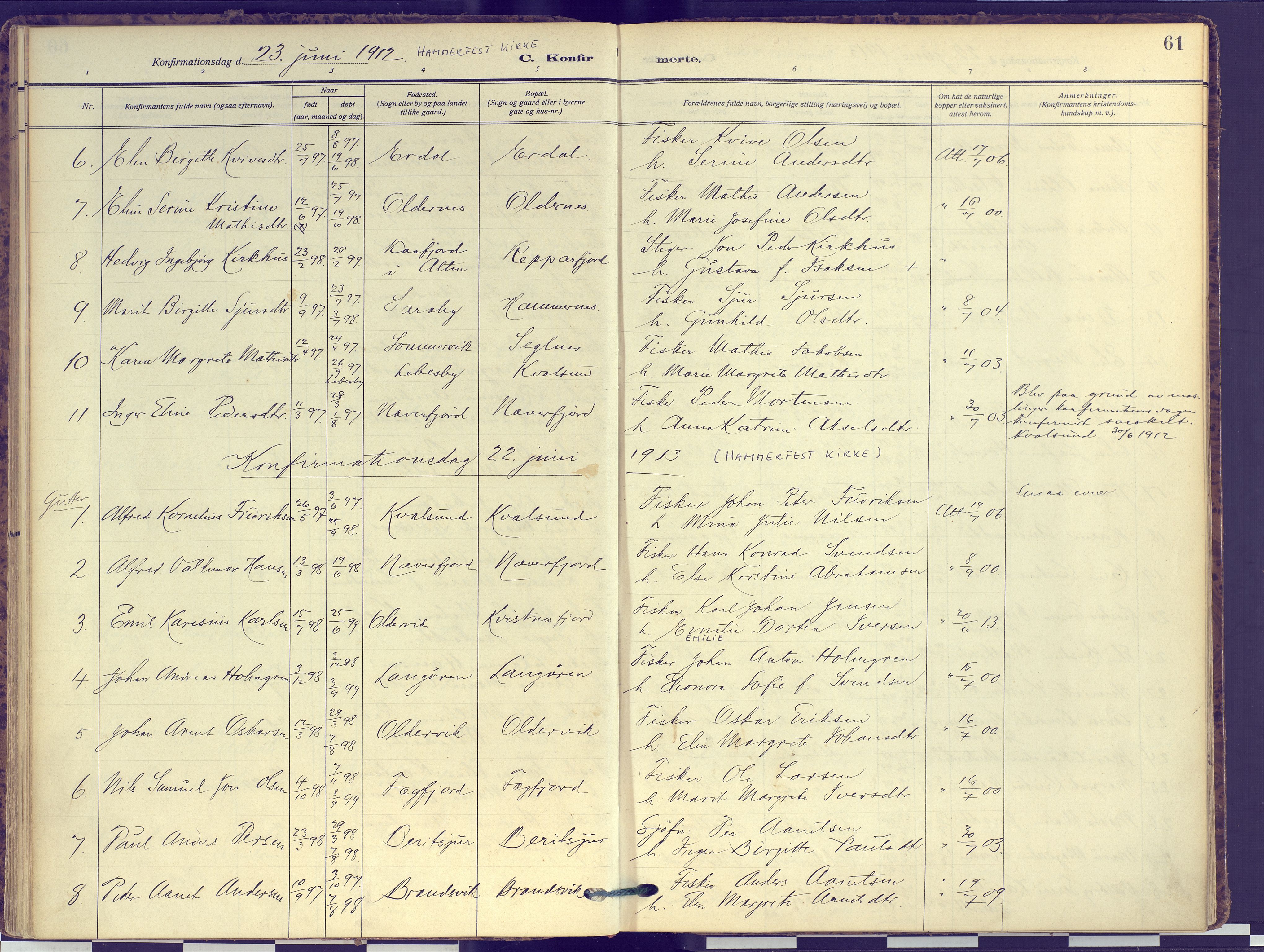 Hammerfest sokneprestkontor, SATØ/S-1347: Parish register (official) no. 16, 1908-1923, p. 61
