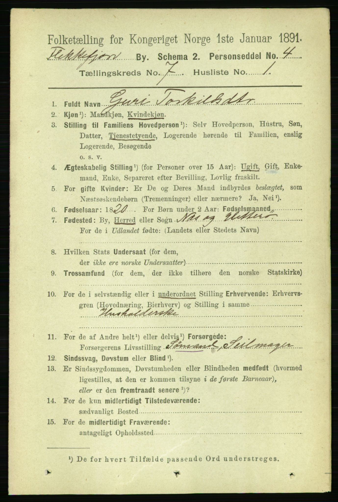 RA, 1891 census for 1004 Flekkefjord, 1891, p. 1285