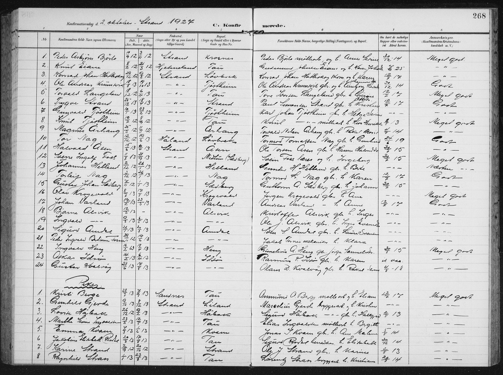 Strand sokneprestkontor, AV/SAST-A-101828/H/Ha/Hab/L0005: Parish register (copy) no. B 5, 1904-1934, p. 268