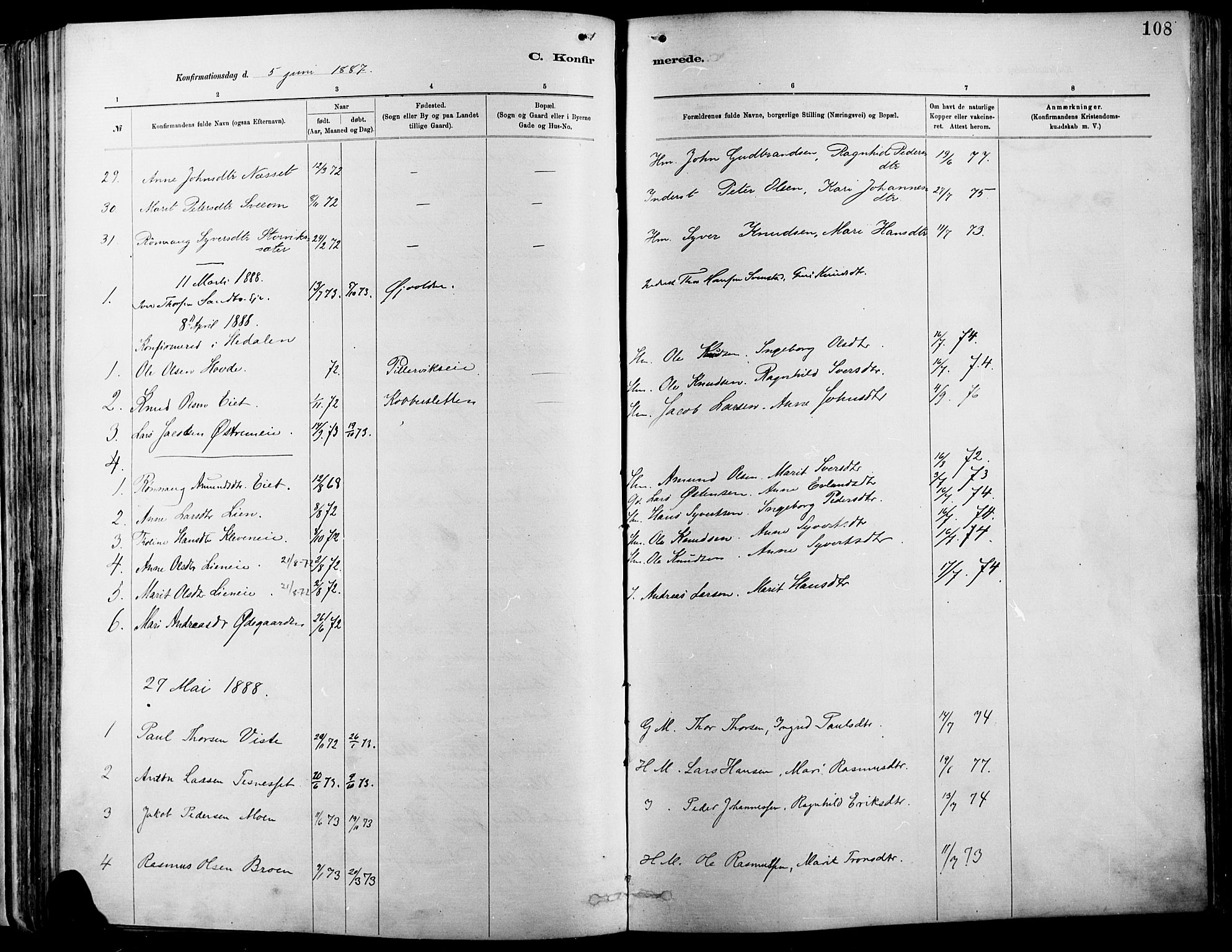 Vågå prestekontor, SAH/PREST-076/H/Ha/Haa/L0009: Parish register (official) no. 9, 1886-1904, p. 108