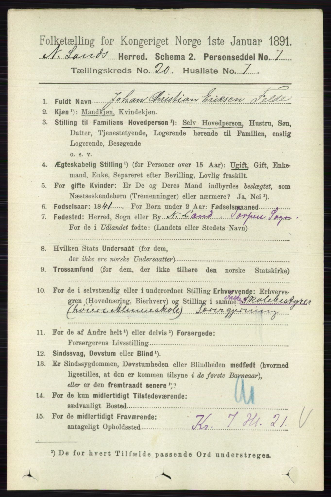 RA, 1891 census for 0538 Nordre Land, 1891, p. 4914