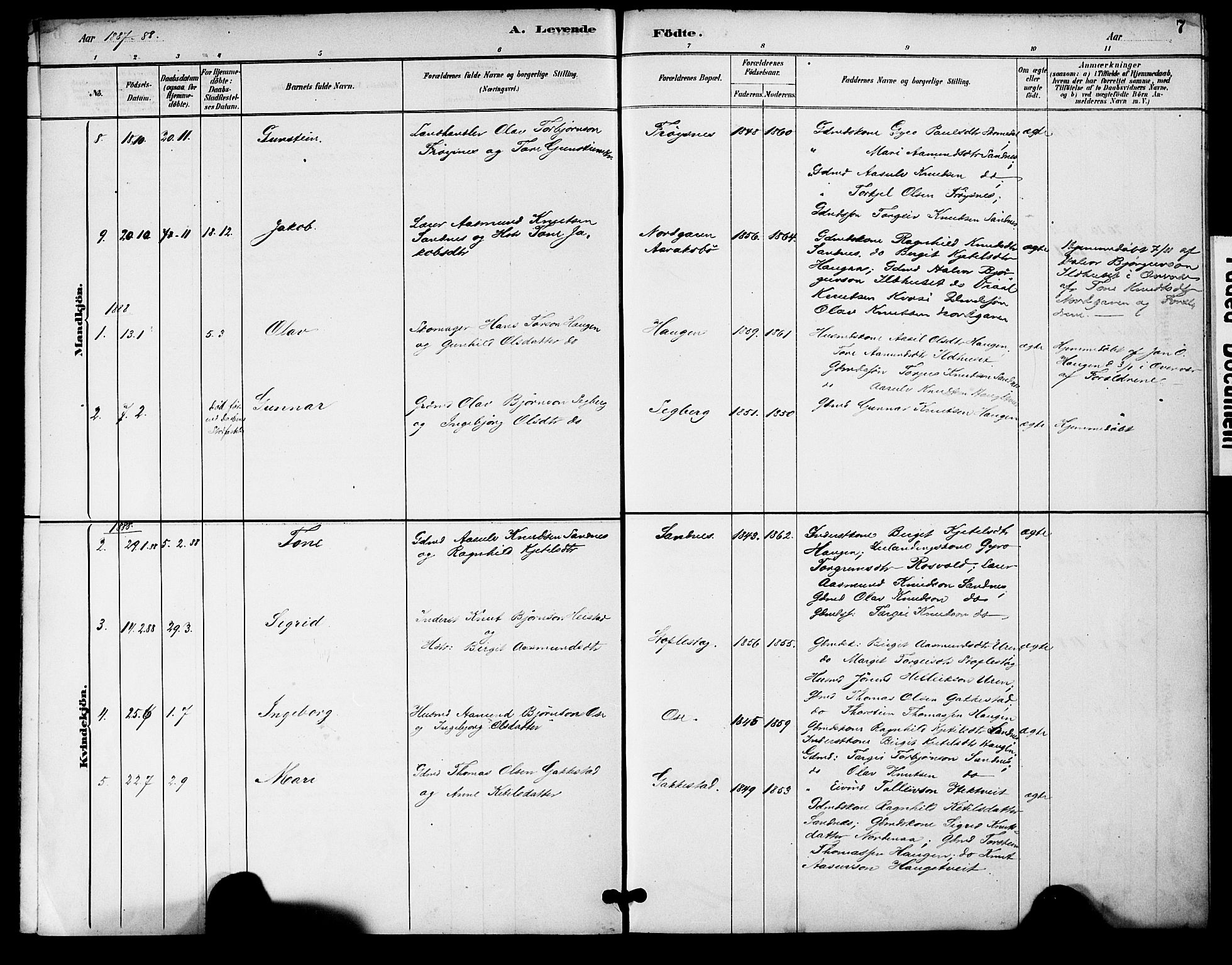 Bygland sokneprestkontor, AV/SAK-1111-0006/F/Fa/Fac/L0001: Parish register (official) no. A 1, 1885-1909, p. 7