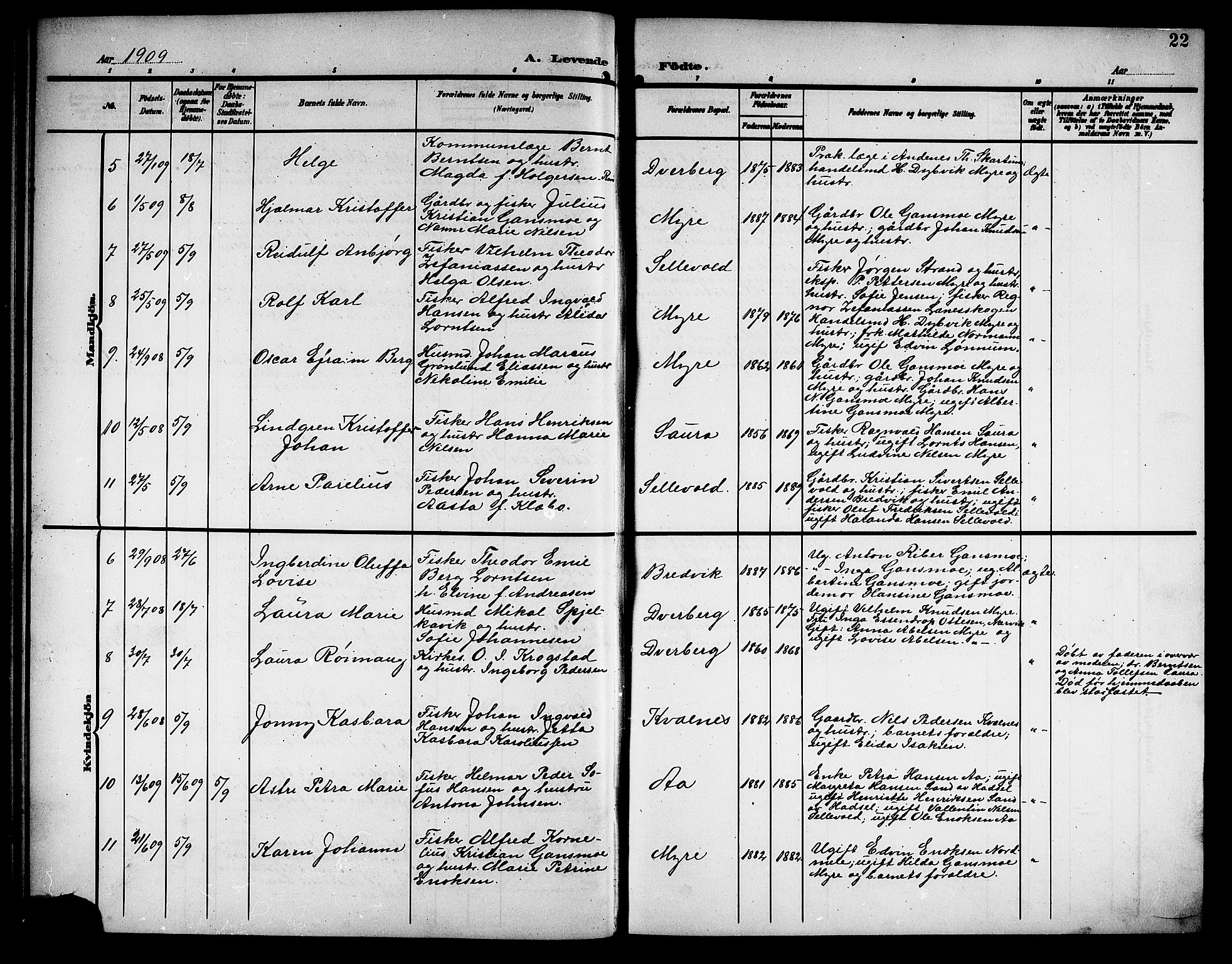 Ministerialprotokoller, klokkerbøker og fødselsregistre - Nordland, SAT/A-1459/897/L1414: Parish register (copy) no. 897C04, 1904-1915, p. 22
