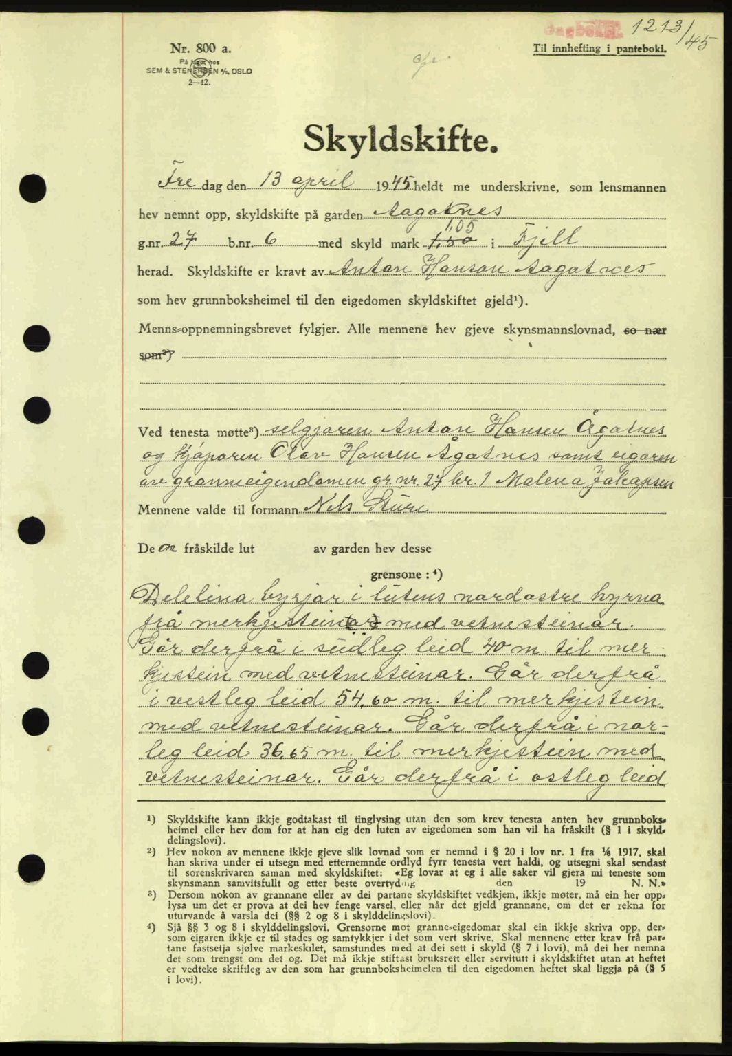 Midhordland sorenskriveri, AV/SAB-A-3001/1/G/Gb/Gbh/L0019: Mortgage book no. A38-39, 1945-1945, Diary no: : 1213/1945