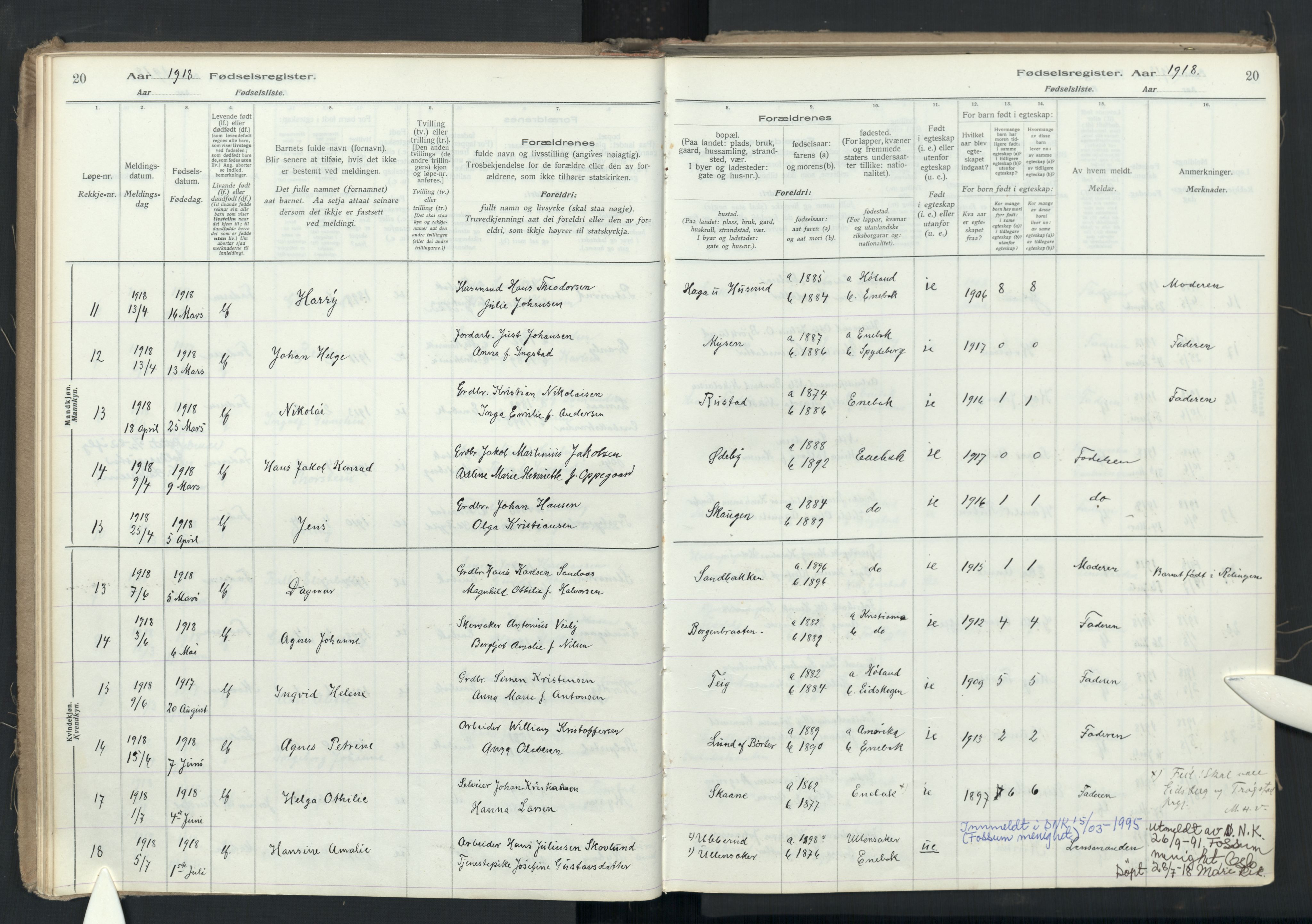 Enebakk prestekontor Kirkebøker, SAO/A-10171c/J/Ja: Birth register no. I 1, 1916-1948, p. 20