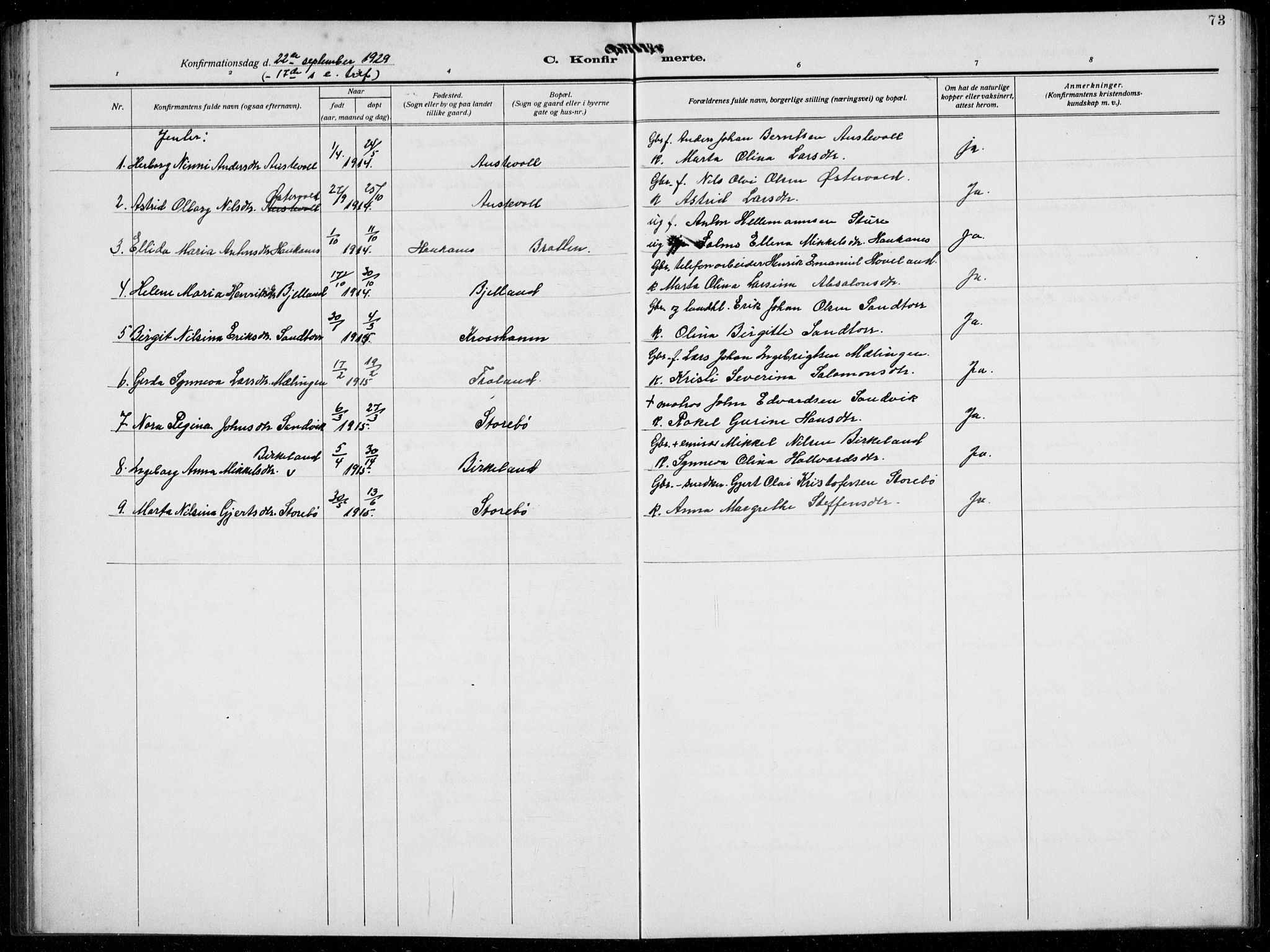 Austevoll Sokneprestembete, SAB/A-74201/H/Hab: Parish register (copy) no. A  6, 1925-1938, p. 73