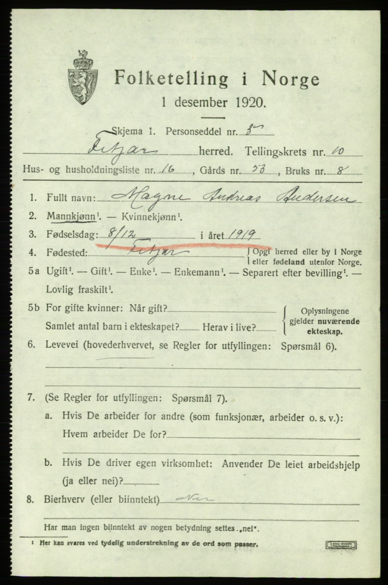 SAB, 1920 census for Fitjar, 1920, p. 4306