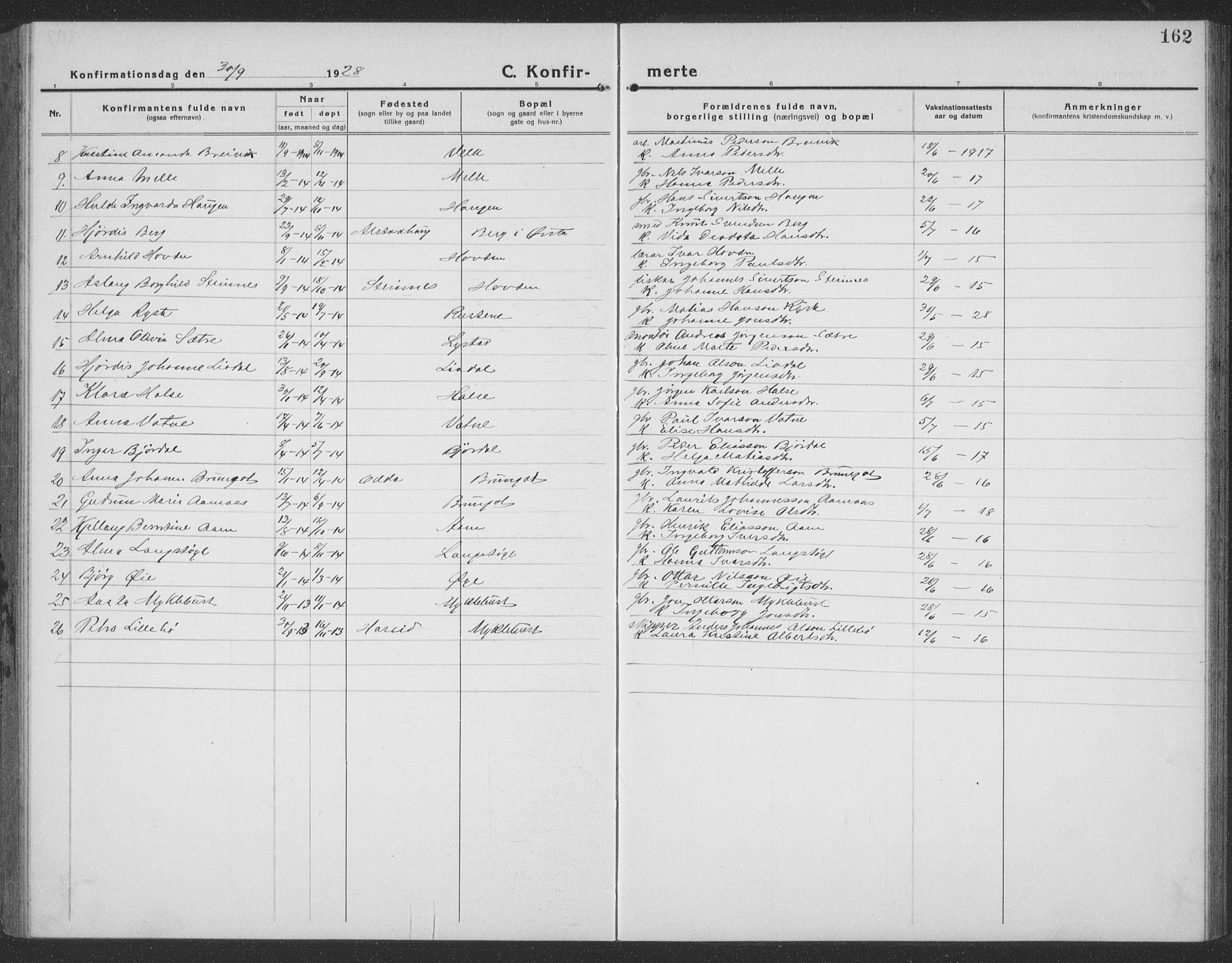 Ministerialprotokoller, klokkerbøker og fødselsregistre - Møre og Romsdal, SAT/A-1454/513/L0191: Parish register (copy) no. 513C05, 1920-1941, p. 162