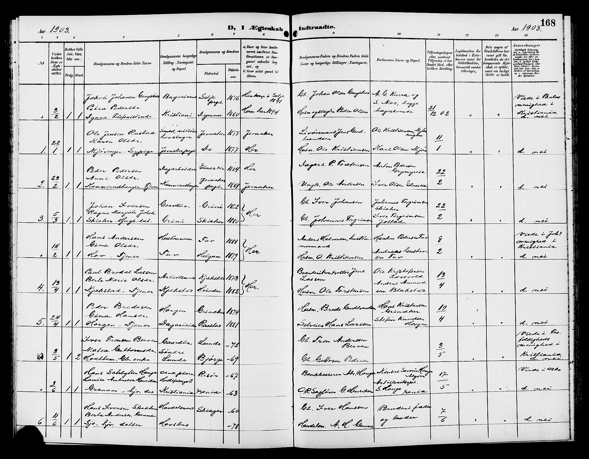 Gran prestekontor, SAH/PREST-112/H/Ha/Hab/L0006: Parish register (copy) no. 6, 1901-1911, p. 168