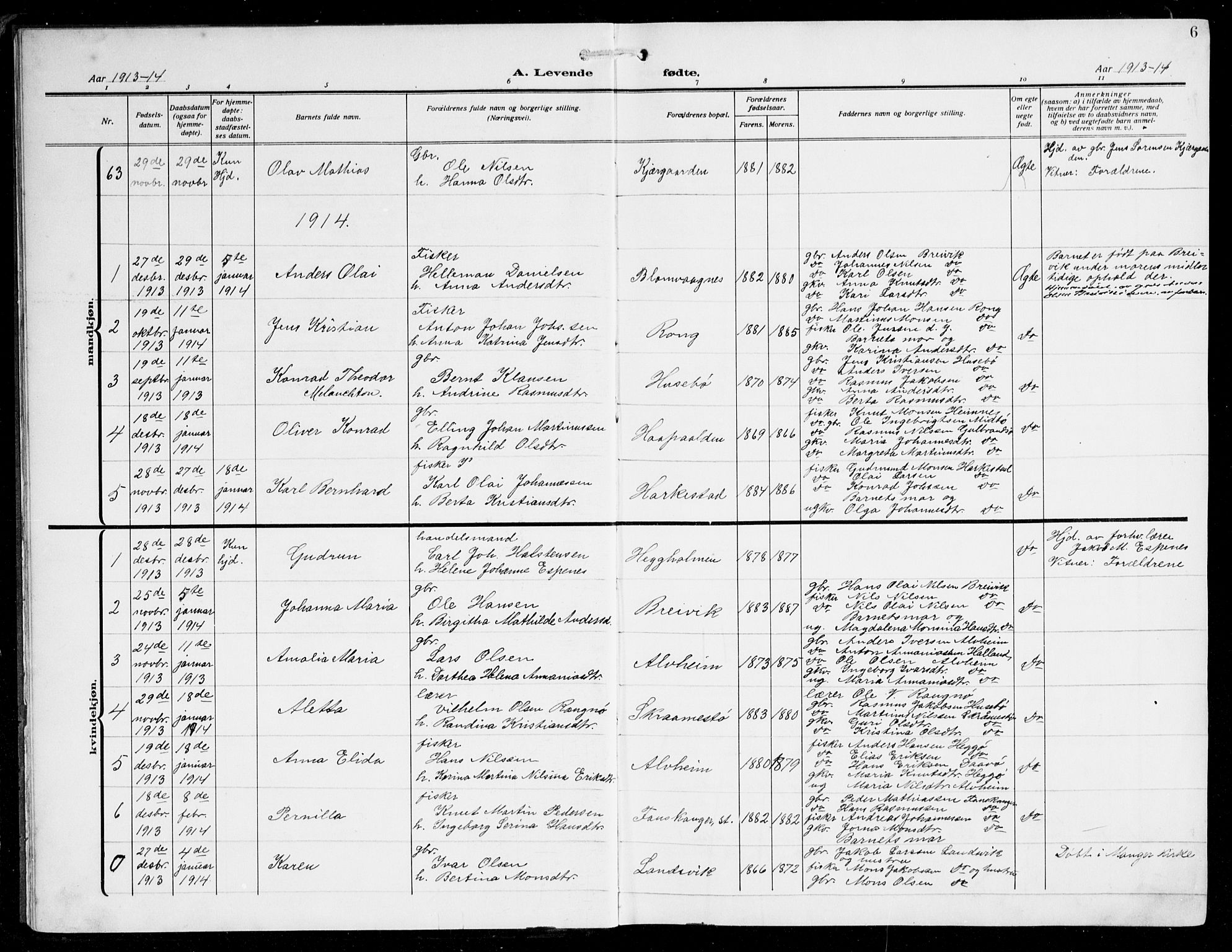 Herdla Sokneprestembete, SAB/A-75701/H/Hab: Parish register (copy) no. C 2, 1913-1926, p. 6