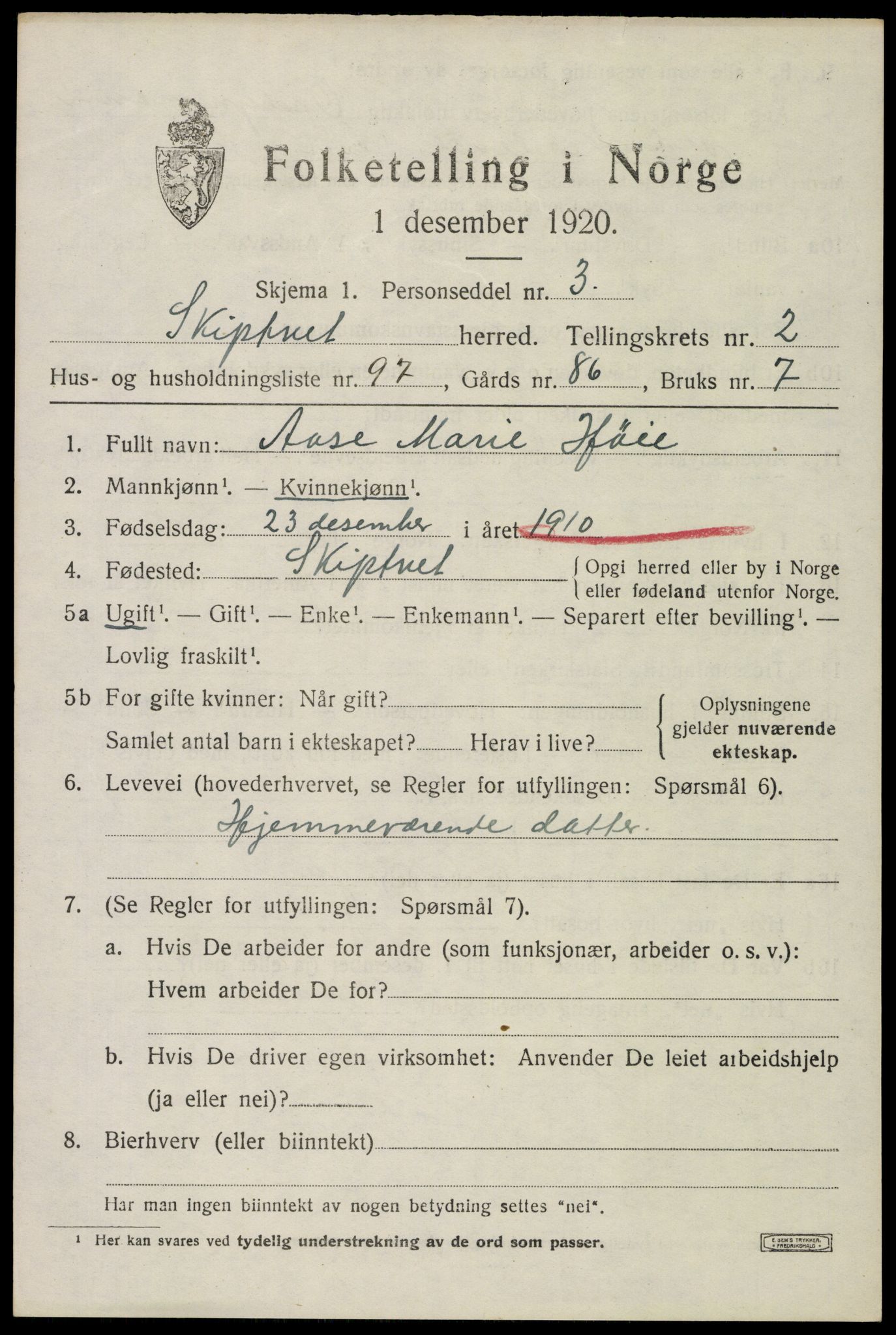 SAO, 1920 census for Skiptvet, 1920, p. 2903