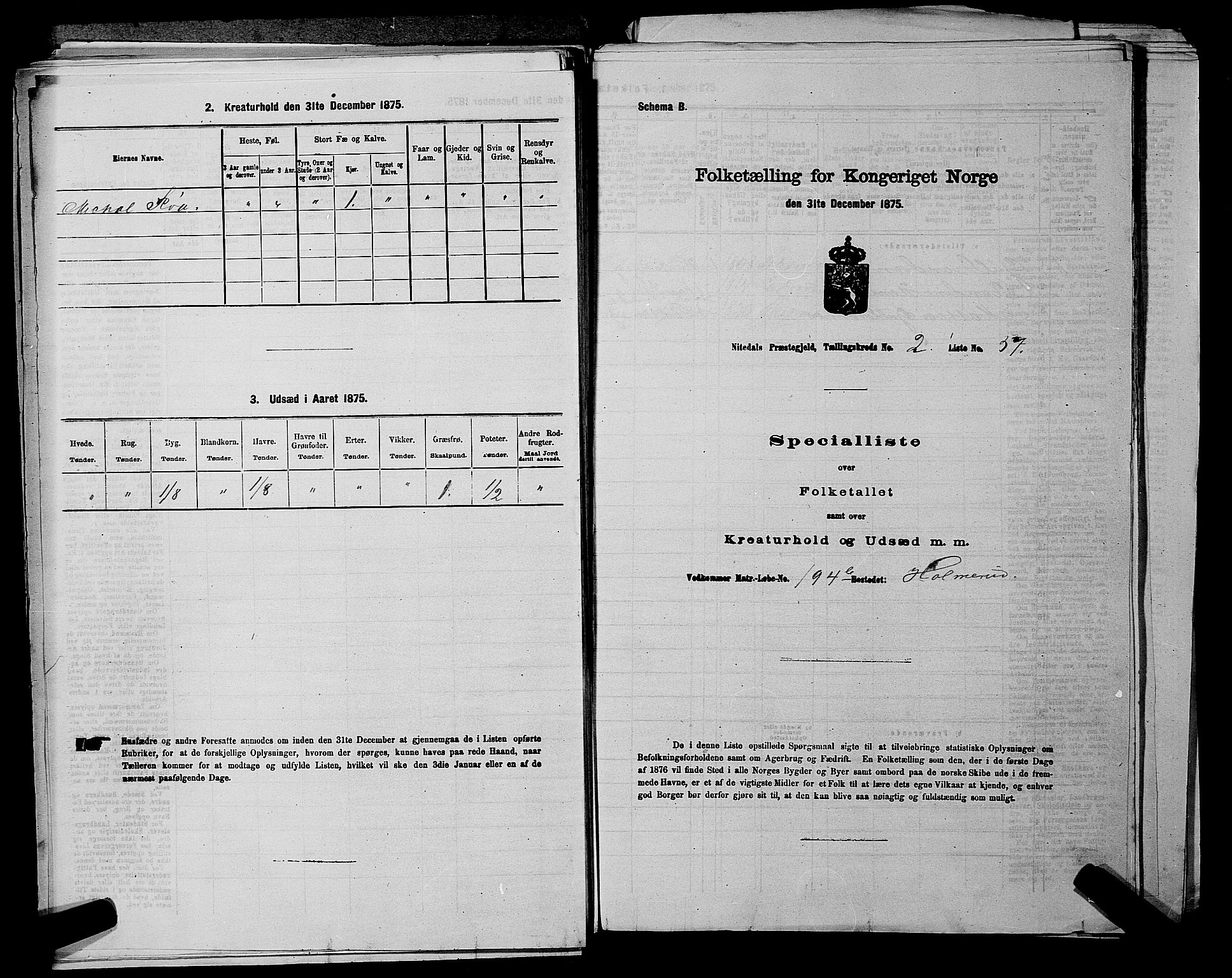 RA, 1875 census for 0233P Nittedal, 1875, p. 375