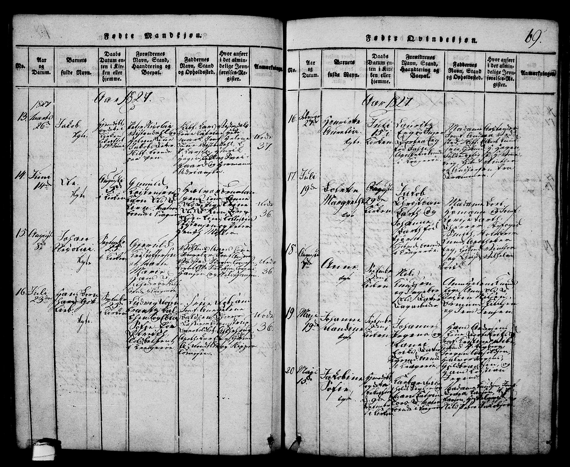 Kragerø kirkebøker, AV/SAKO-A-278/G/Ga/L0002: Parish register (copy) no. 2, 1814-1831, p. 69