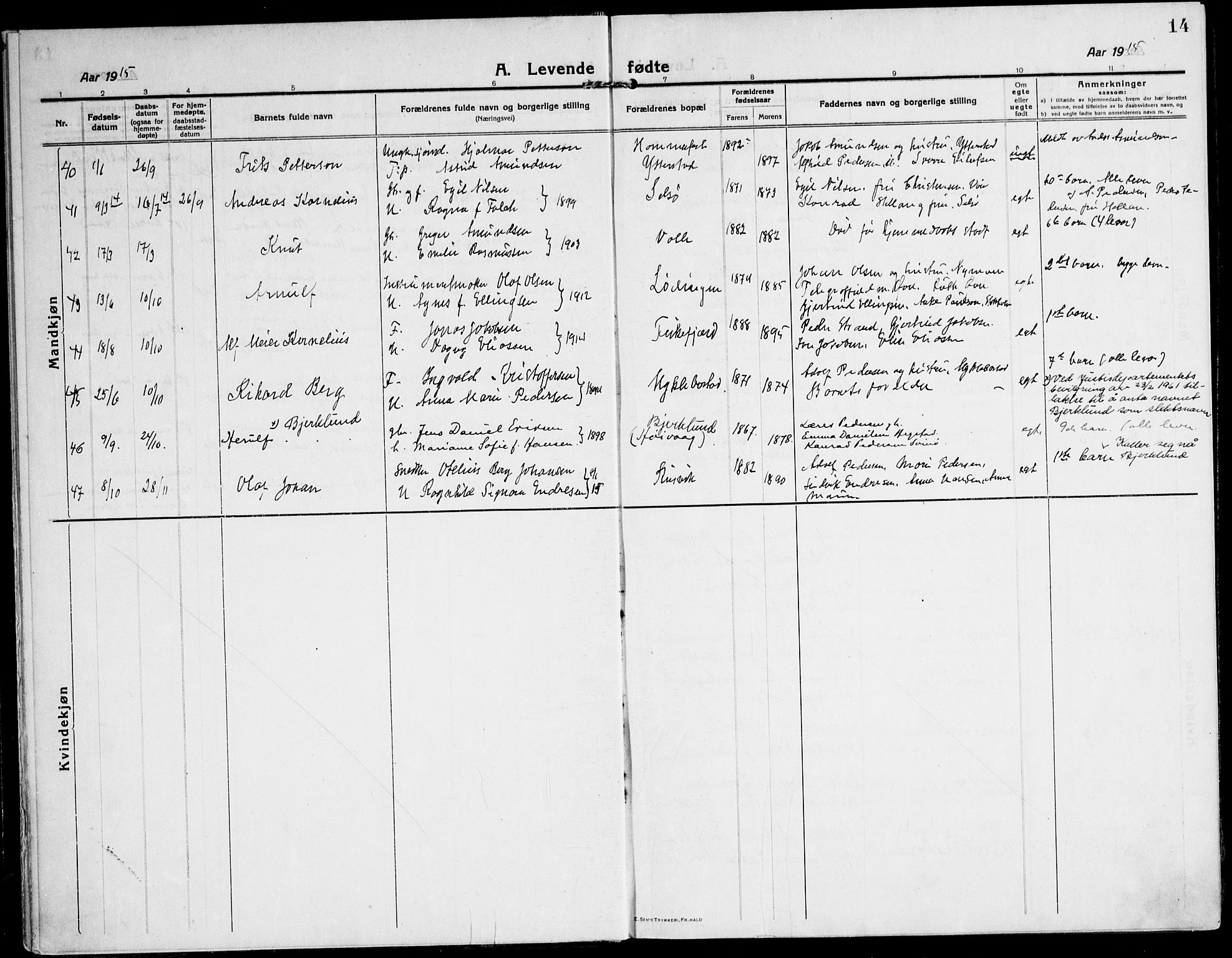 Ministerialprotokoller, klokkerbøker og fødselsregistre - Nordland, AV/SAT-A-1459/872/L1037: Parish register (official) no. 872A12, 1914-1925, p. 14