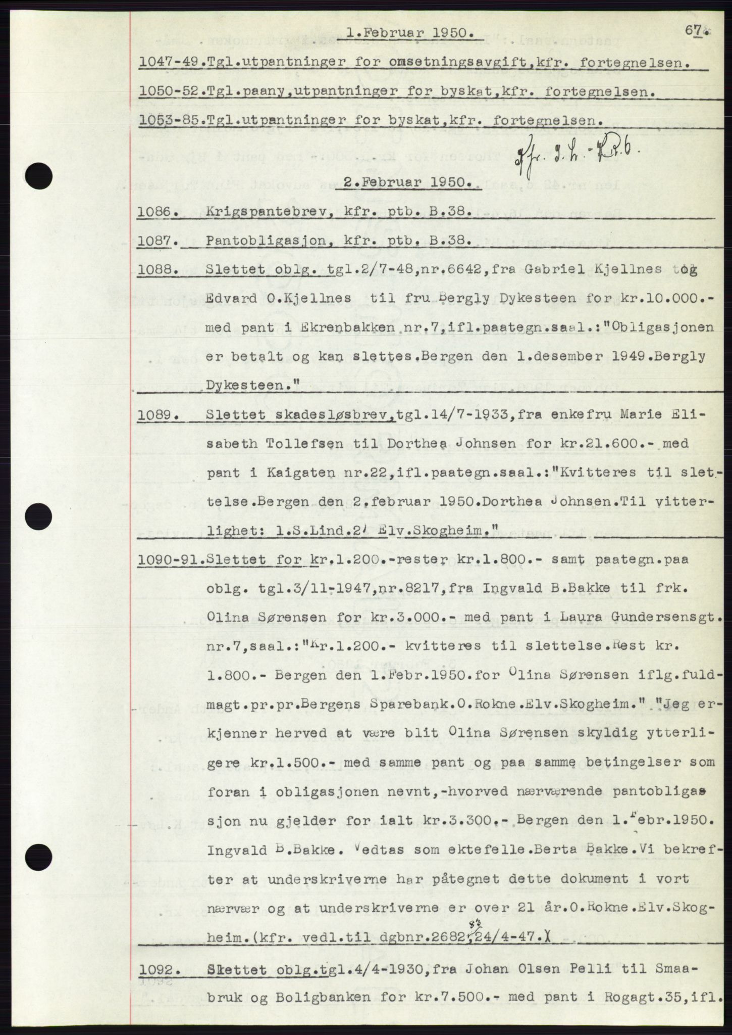 Byfogd og Byskriver i Bergen, AV/SAB-A-3401/03: Mortgage book no. C 38, 1949-1950, Diary no: : 1047/1950