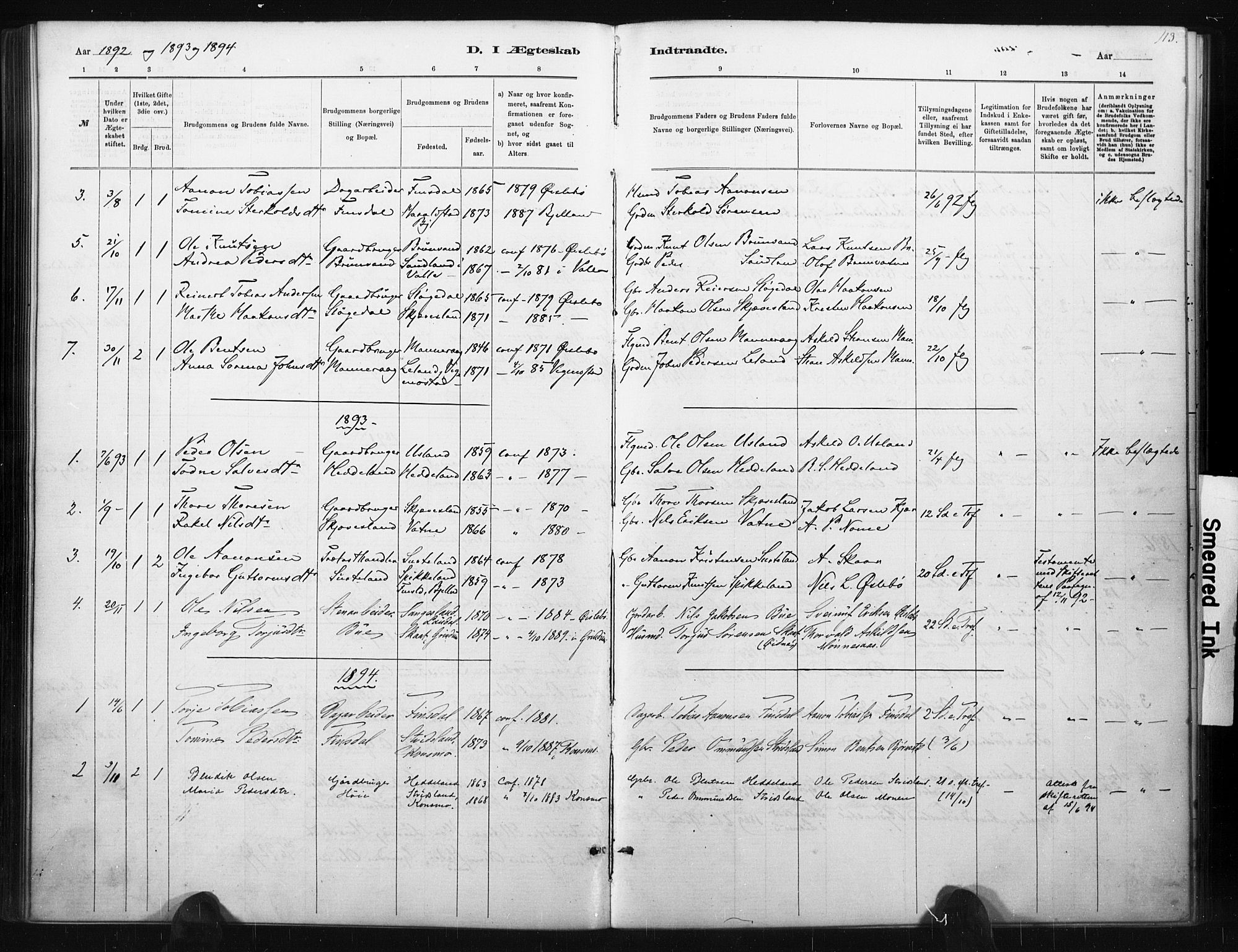 Holum sokneprestkontor, AV/SAK-1111-0022/F/Fa/Fac/L0004: Parish register (official) no. A 4, 1884-1907, p. 113