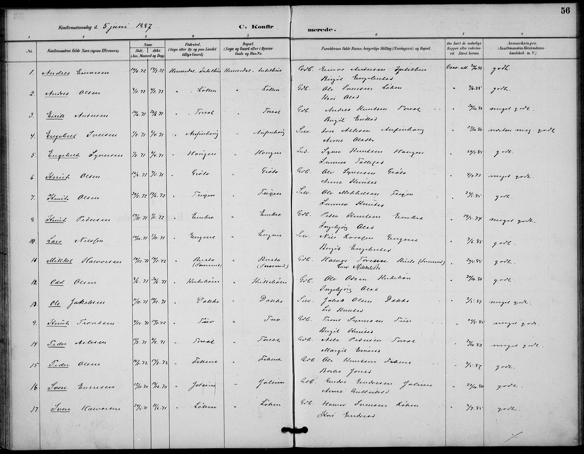 Gol kirkebøker, AV/SAKO-A-226/F/Fb/L0001: Parish register (official) no. II 1, 1887-1900, p. 56