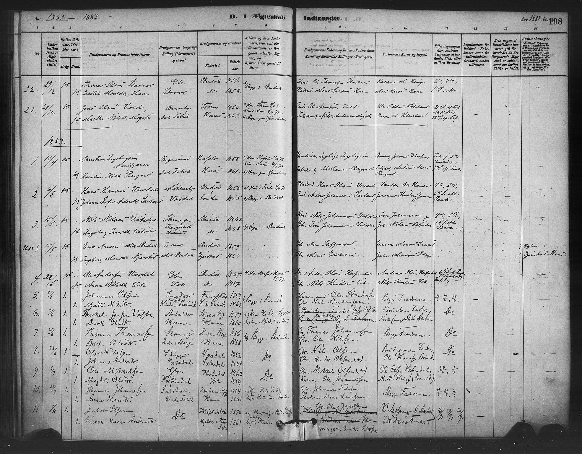 Bruvik Sokneprestembete, AV/SAB-A-74701/H/Haa: Parish register (official) no. B 1, 1878-1904, p. 198