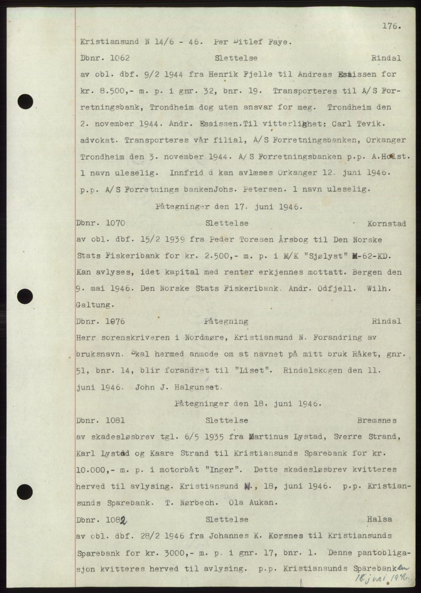 Nordmøre sorenskriveri, SAT/A-4132/1/2/2Ca: Mortgage book no. C82b, 1946-1951, Diary no: : 1062/1946