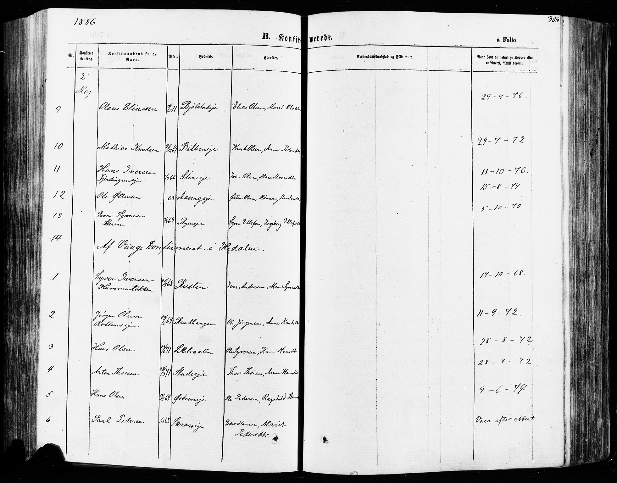 Vågå prestekontor, SAH/PREST-076/H/Ha/Haa/L0007: Parish register (official) no. 7 /1, 1872-1886, p. 306
