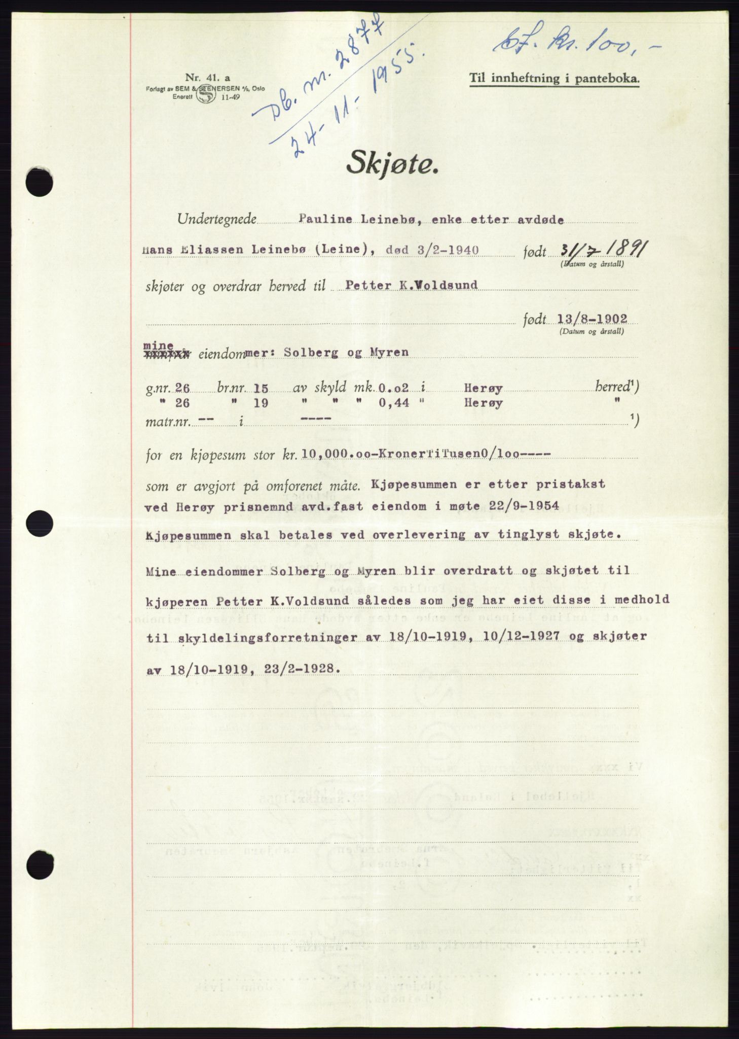 Søre Sunnmøre sorenskriveri, AV/SAT-A-4122/1/2/2C/L0102: Mortgage book no. 28A, 1955-1956, Diary no: : 2877/1955